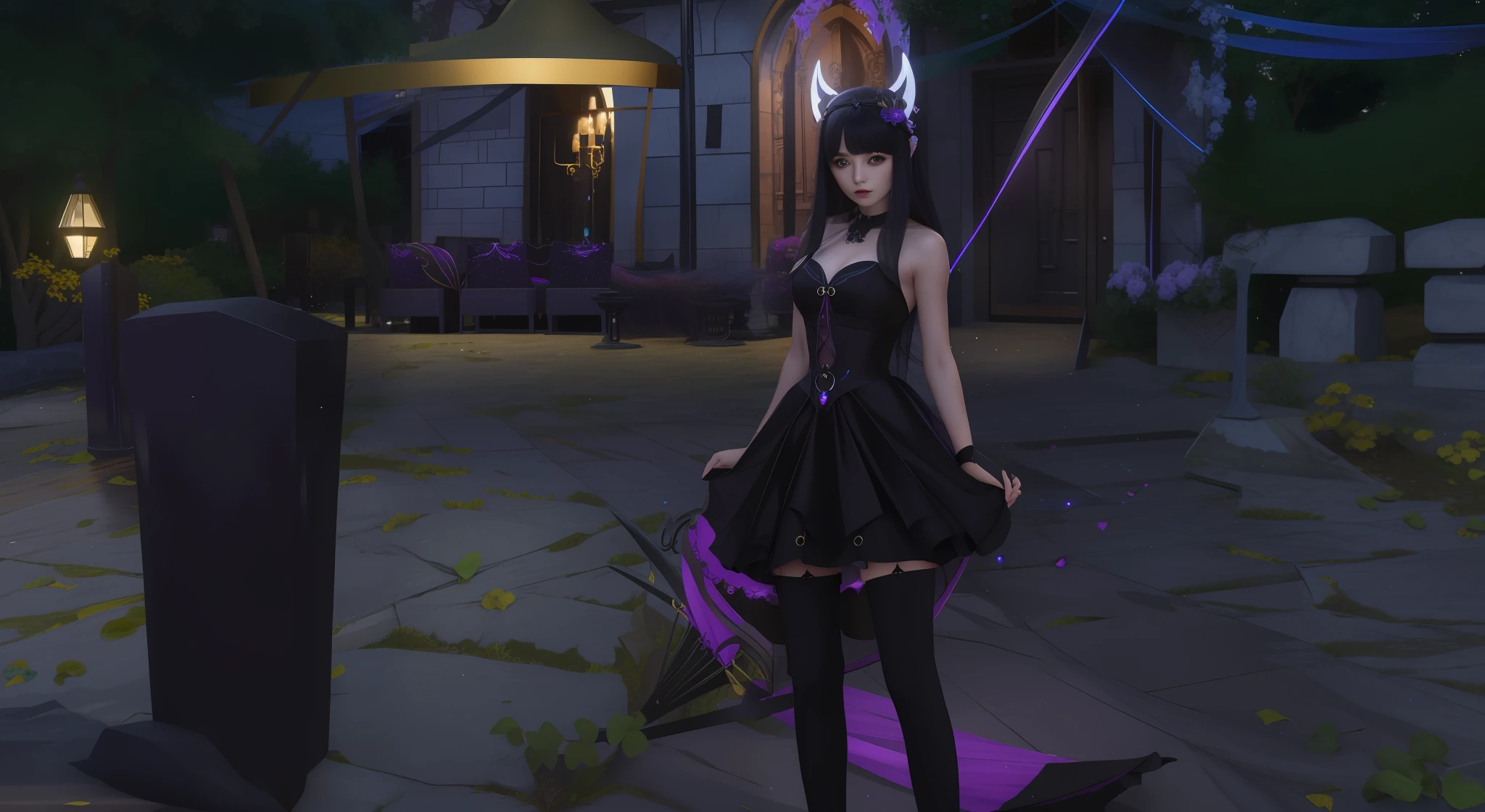 Beautiful woman, with a black dress, cute dark fashion, lunar themed costume, costume outfit, seductive woman, beautiful necromancer girl, black and violet costume