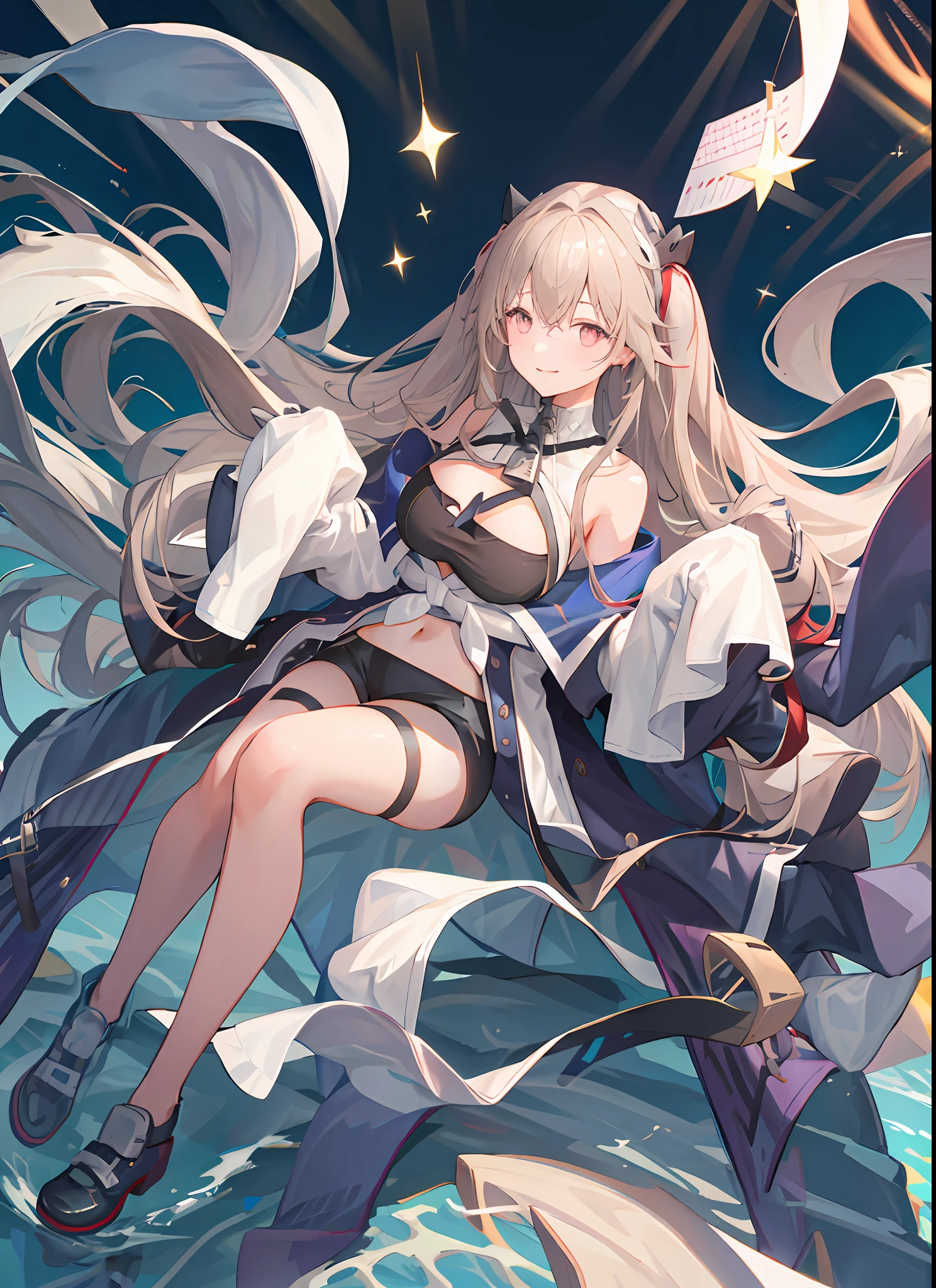 best quality masterpiece, AnchorageV4, 1girl, solo, looking at viewer, light smile, navel, cleavage, bare shoulders, shorts, coat, sleeves past wrists, thigh strap, black shorts, sleeves past fingers, open coat, blue coat, very long sleeves, colorful, RTX,