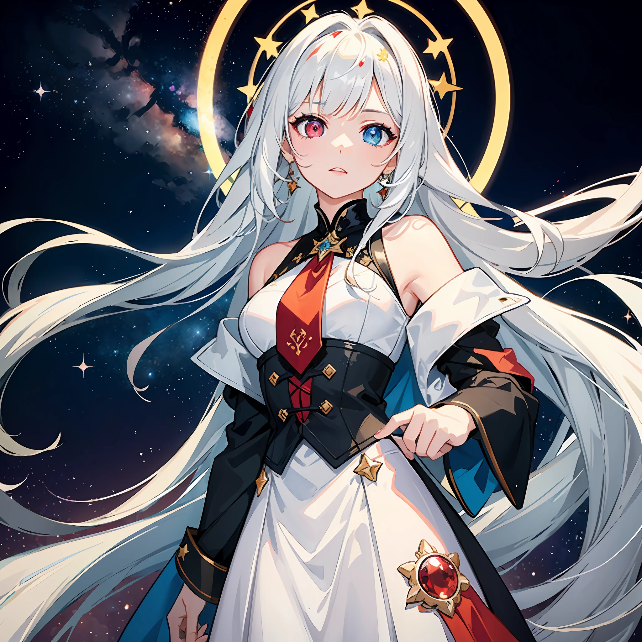 (masterpiece:1.5), (best artist:1.4), (heterochrome:red and yellow),0.9], (colorful eyes), (1girl), (extremely detailed CG unit 8k wallpaper), (detailed eyes), a (white) haired, fair-skinned girl wearing a star guardian uniform, against a backdrop of beautifully drawn galaxy backdrop, each iris displaying a unique and enchanting colour combination, highlighting the mesmerizing beauty of her heterochromatic eyes amidst the vastness of space.