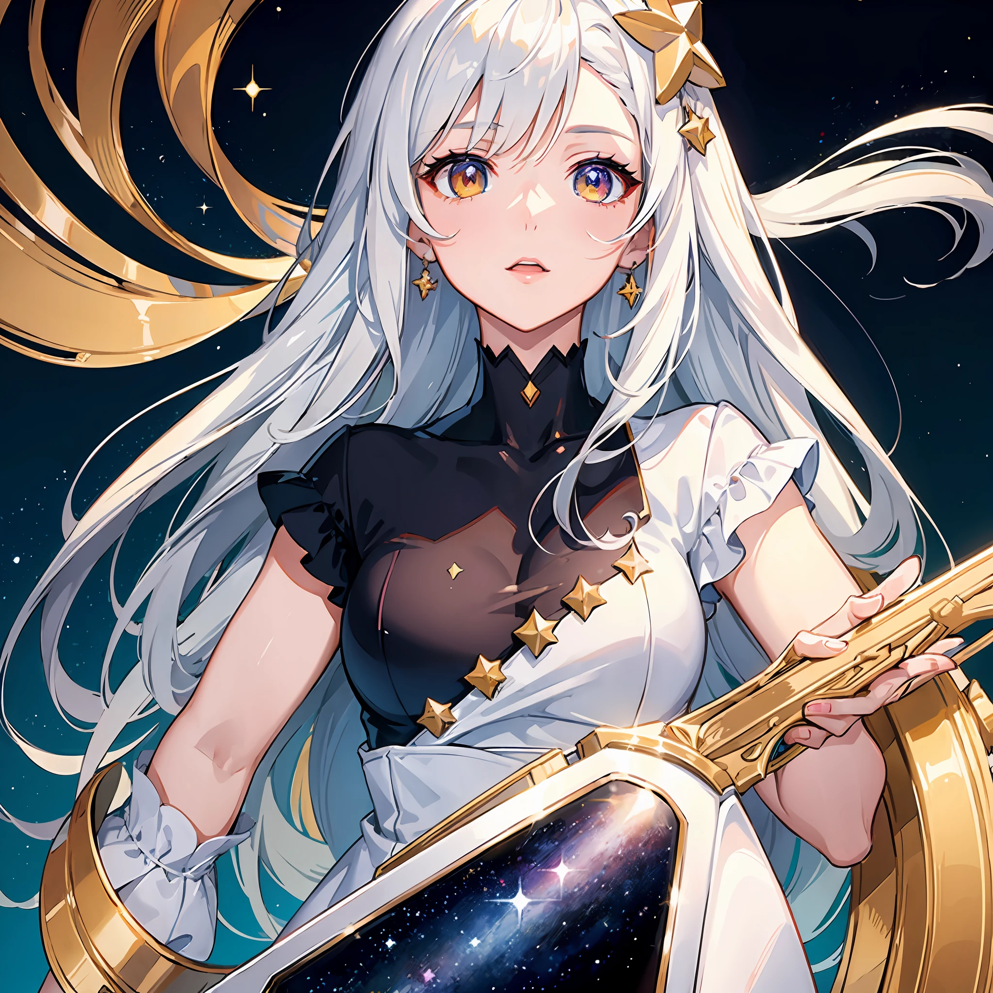 (masterpiece:1.5), (best artist:1.4), (heterochrome:red and yellow),0.9], (colorful eyes), (1girl), (extremely detailed CG unit 8k wallpaper), (detailed eyes), a (white) haired, fair-skinned girl wearing a star guardian uniform, against a backdrop of beautifully drawn galaxy backdrop, each iris displaying a unique and enchanting colour combination, highlighting the mesmerizing beauty of her heterochromatic eyes amidst the vastness of space.
