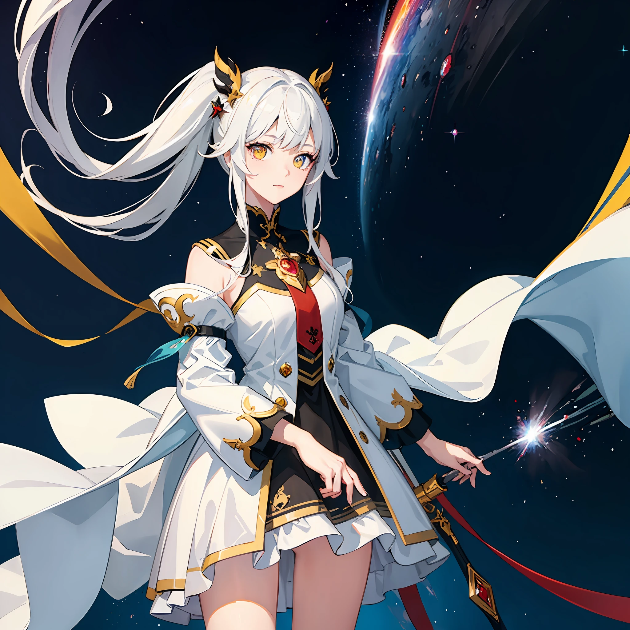 (masterpiece:1.5), (best artist:1.4), (heterochrome:red and yellow),0.9], (colorful eyes), (1girl), (extremely detailed CG unit 8k wallpaper), (detailed eyes), a (white) haired, fair-skinned girl wearing a star guardian uniform, against a backdrop of beautifully drawn galaxy backdrop, each iris displaying a unique and enchanting colour combination, highlighting the mesmerizing beauty of her heterochromatic eyes amidst the vastness of space.