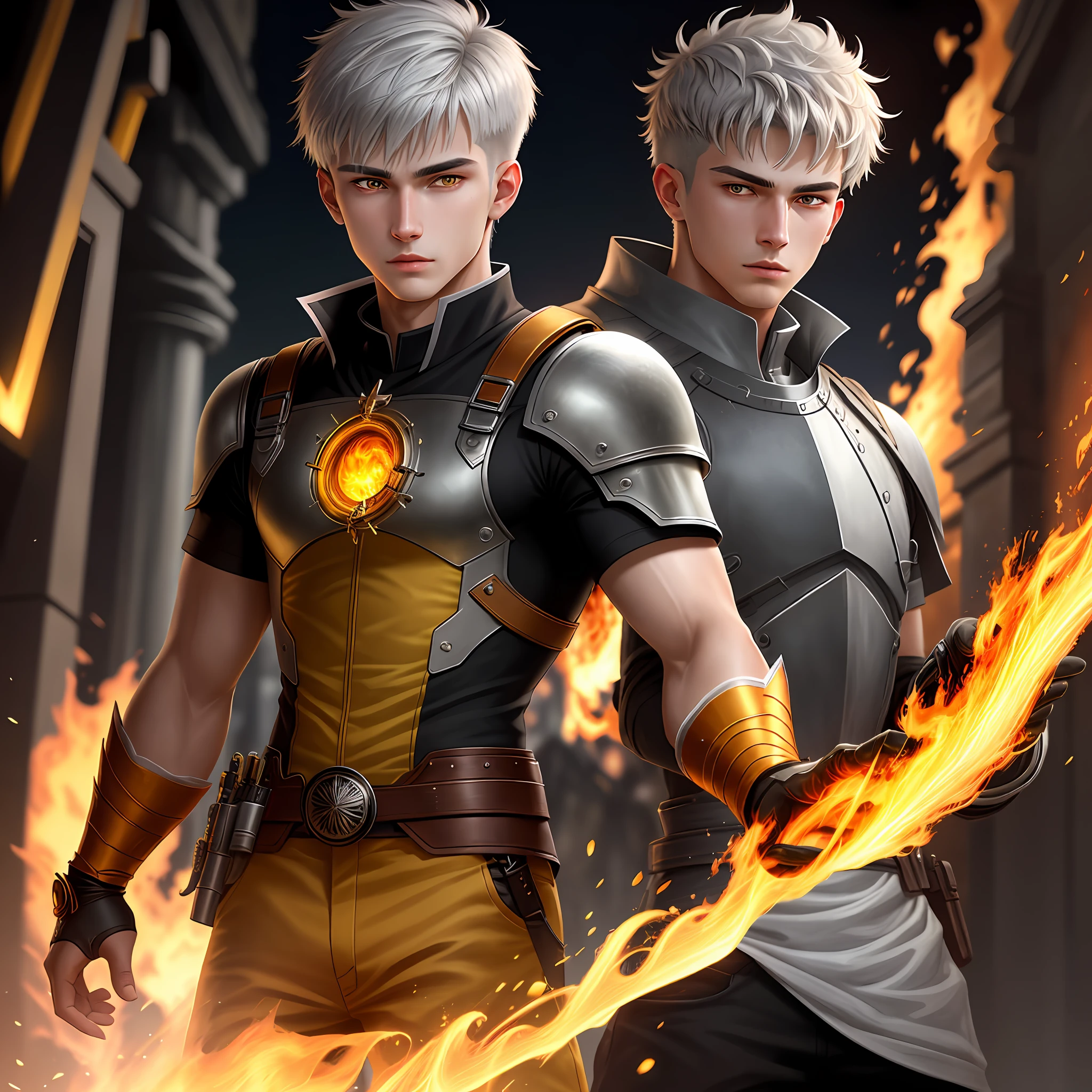 High detail, clarity, 8kk, young guy, 18 years old, light gray hair, short haircut, yellow eyes, fire man behind him, realism, fantasy,