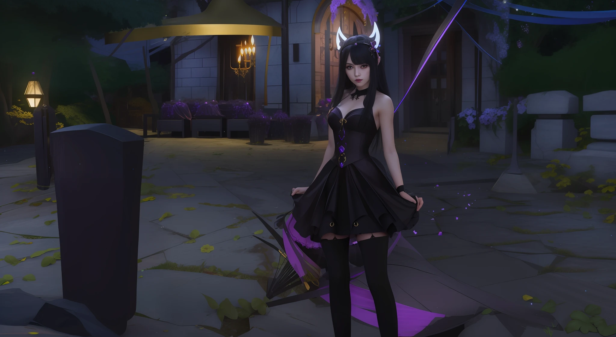 Beautiful woman, with a black dress, cute dark fashion, lunar themed costume, costume outfit, seductive woman, beautiful necromancer girl, black and violet costume