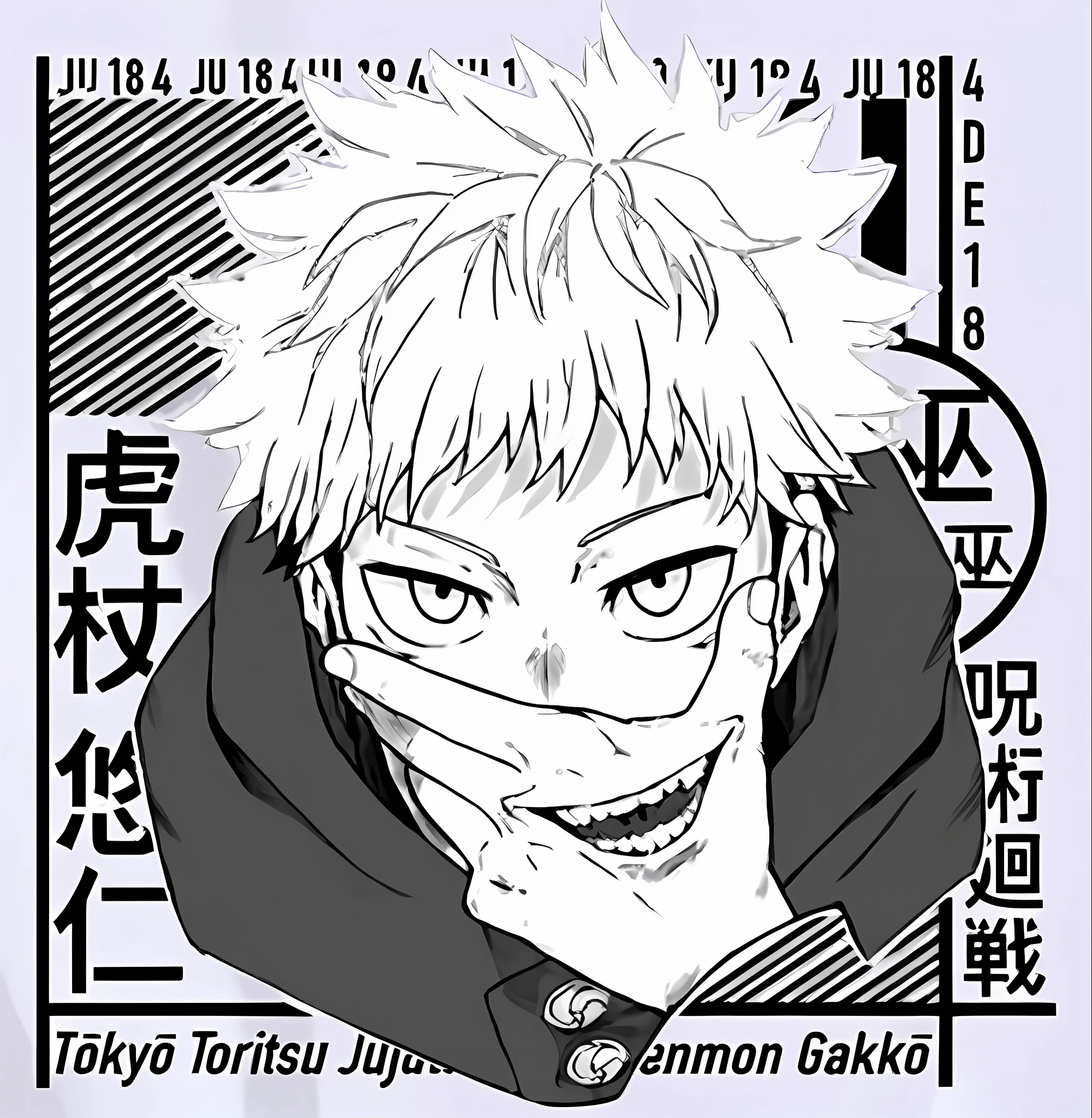 anime character with a black and white background and a black and white image, kaisen jujutsu, itadori, joker looks , inspired by Kamisaka Sekka, official art,, anime cover, otaku gangasta, manga art style