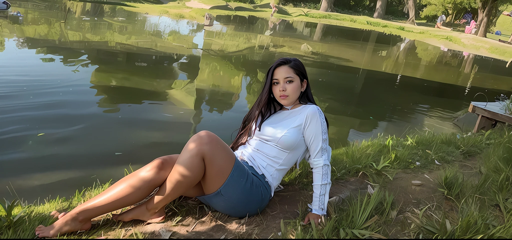 there is a woman sitting on the grass by the water, taken in the early 2020s, she is about 1 6 years old, very very low quality picture, at a park, with a park in the background, smooth in the background, low quality photo, at the park, alanis guillen, photo of the girl