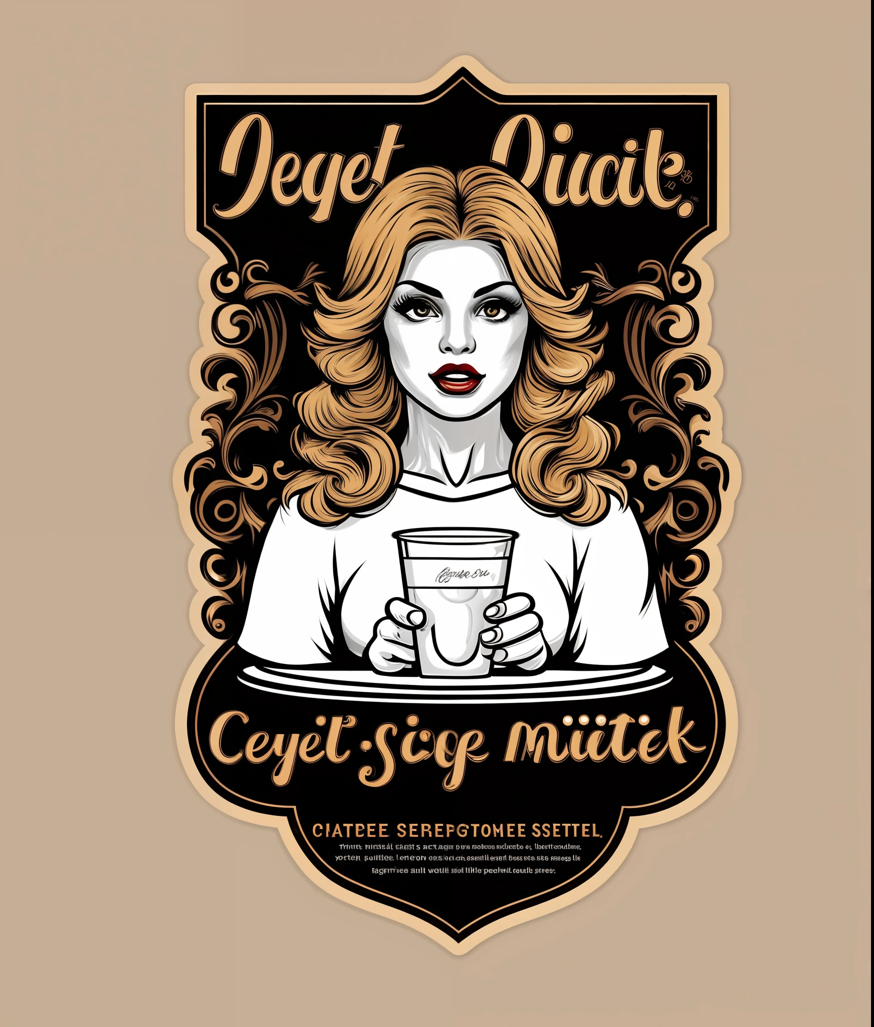 A beautiful lady sipping cold milk, ( big eye), vintage style, (t-shirt design), realistic volumetric masterpiece light
