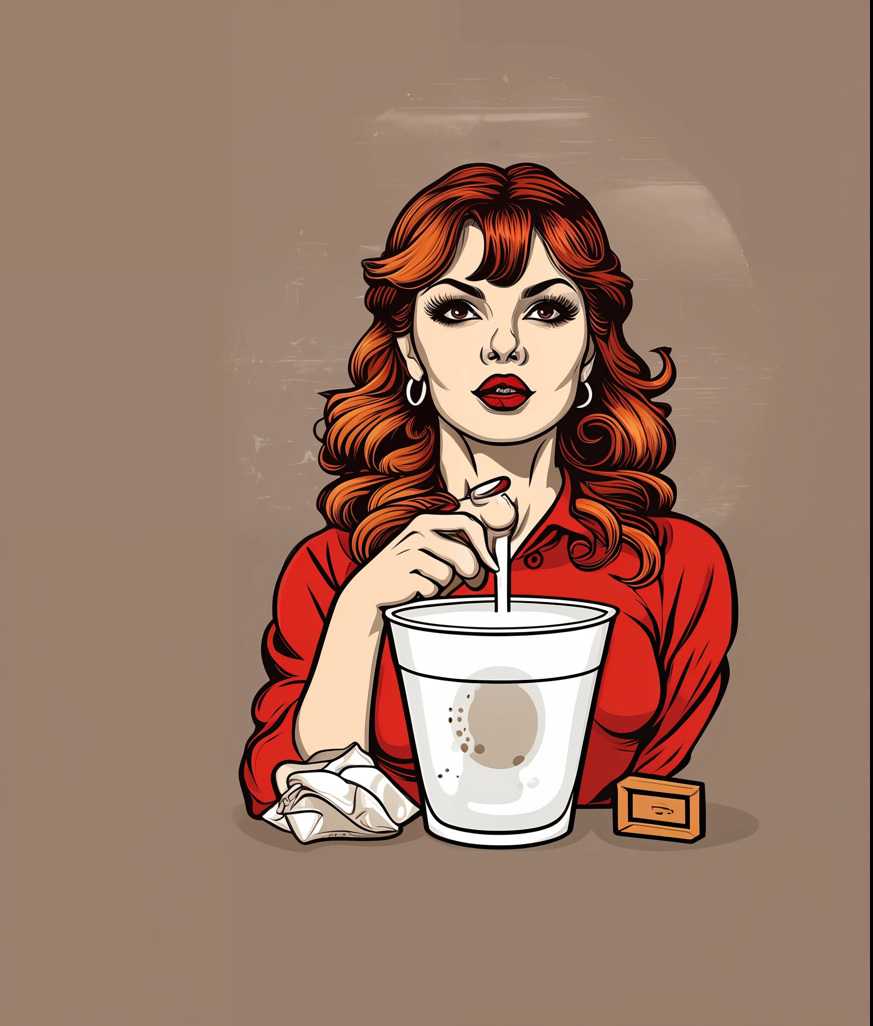 A beautiful lady sipping cold milk, ( big eye), vintage style, (t-shirt design), realistic volumetric masterpiece light
