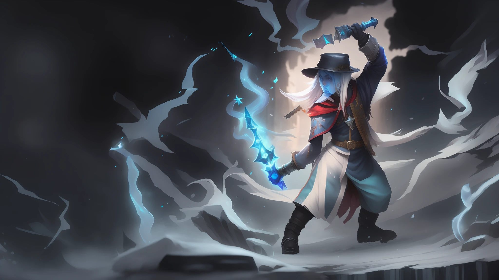 anime character with a sword and a hat on a snowy surface, character splash art, painted in arcane style, iconic character splash art, ice mage, Wallpaper, league of legends