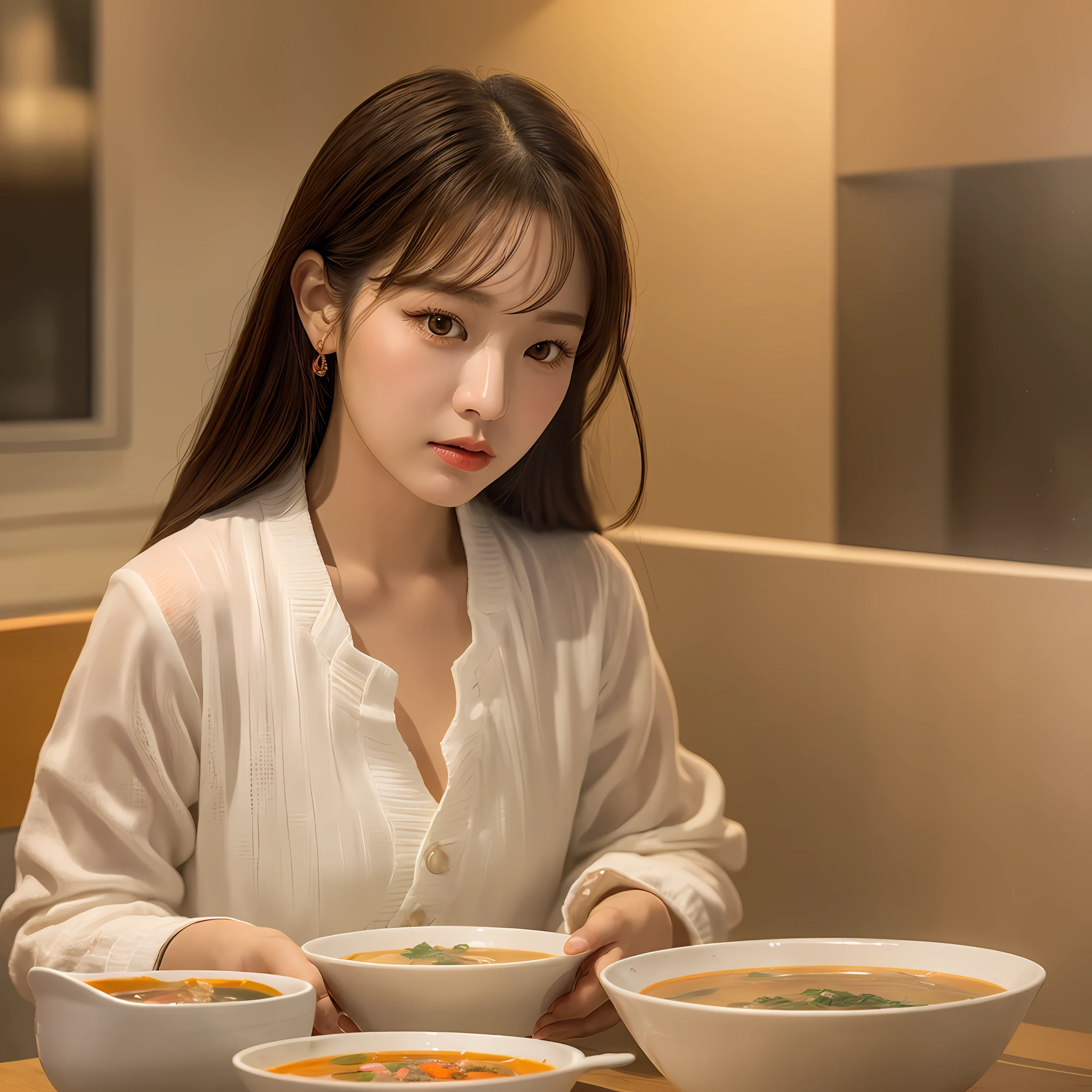 Korean woman in white clothing with a sad face in front of a bowl of soup, a dramatic portrait, centered, Classic Academia, Modern Art, cow-boy shot, Blender rendering, Soft focus, Digital painting, orange colors, Grandmillenial, magic sparkles lighting, super realistic, hyper detailed, dramatic lighting, 4k