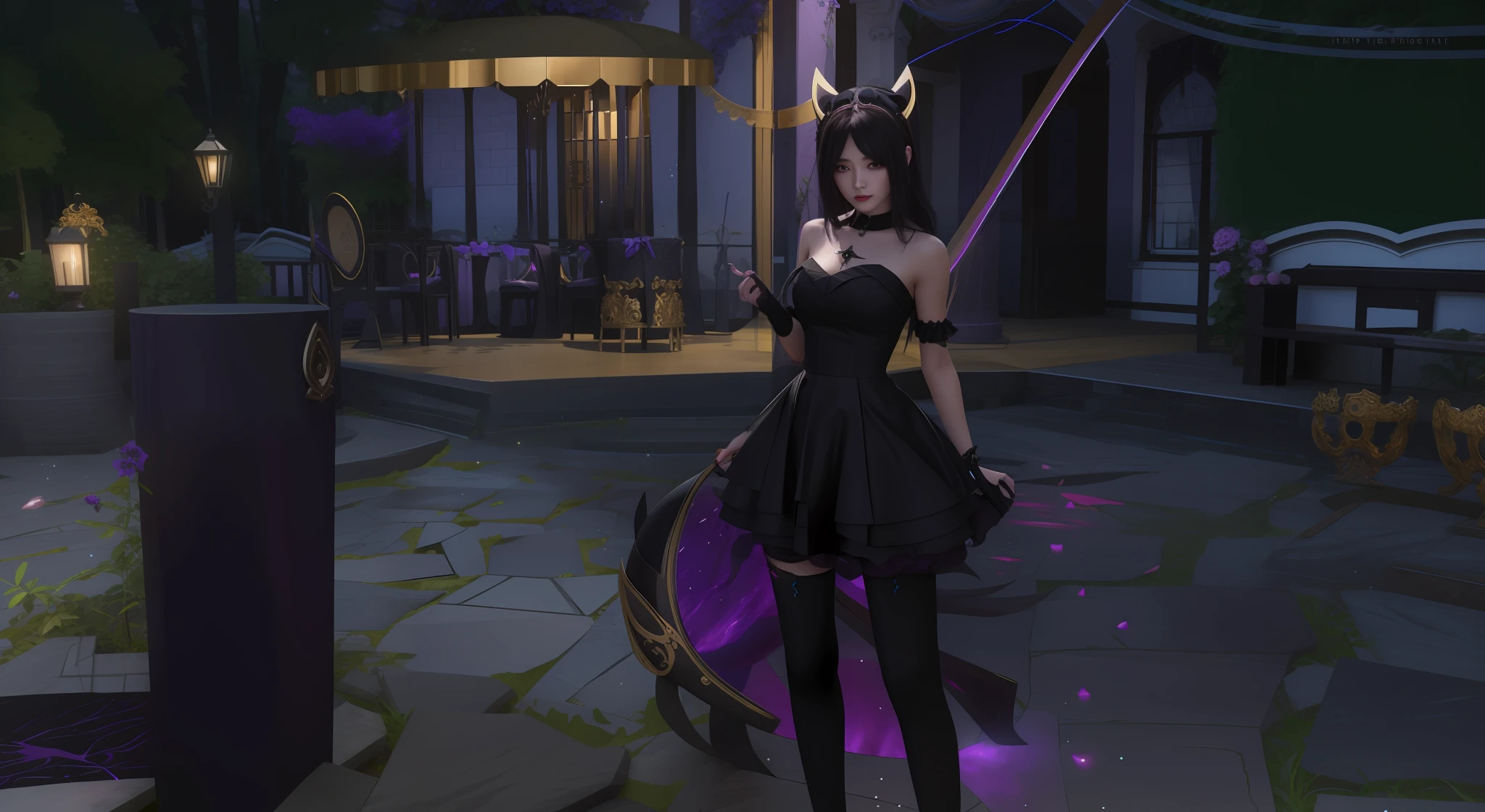 Beautiful woman, with a black dress, cute dark fashion, lunar themed costume, costume outfit, seductive woman, beautiful necromancer girl, black and violet costume