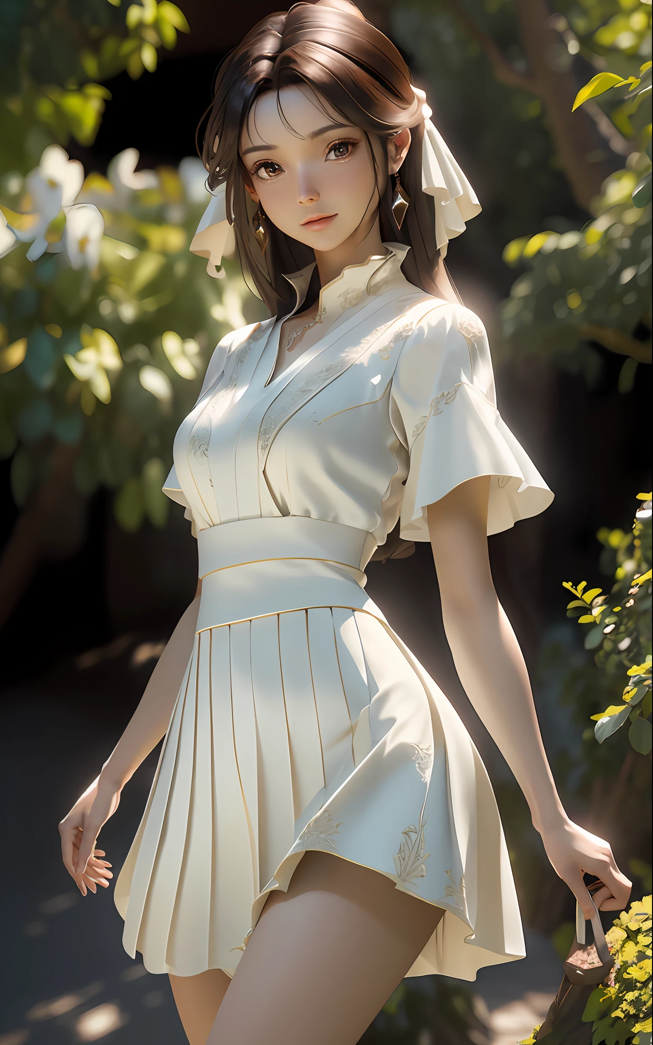 (Best Quality)), (Masterpiece)), (Details: 1.4), 3D, Neat and clean modern woman image, Sparkling brown hair, Beautiful brown eyes, Beautiful face, Dark blue pleated skirt, white blouse, small, Dynamic pose, Dynamic Angle, HDR, Ray Tracing, NVIDIA RTX, Super Resolution, Unreal 5, Subsurface Scattering, PBR texturing, post-processing, anisotropic filtering, depth of field, maximum clarity and sharpness, multi-layer textures, albedo and specular maps, surface shading, accurate simulation of light-matter interactions, perfect proportions, octane rendering, two-tone lighting, wide aperture, low ISO, White Balance, Rule of Thirds, 8K RAW,