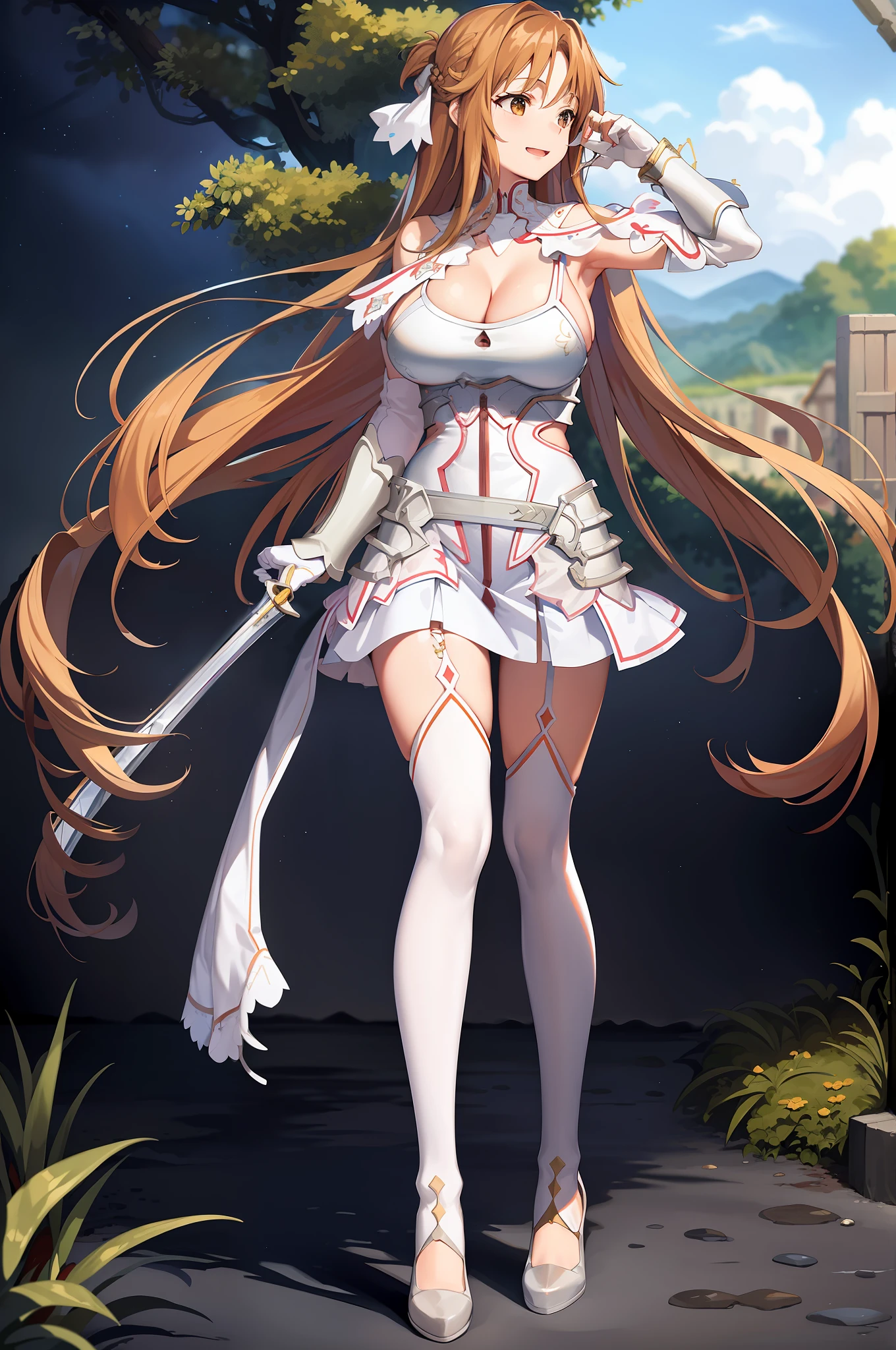 stacia, asuna, asuna_\(sao\), 1girl, (sexy pose:1.4), fantasy, highres,  looking_away, looking_to_the_side,  original, realistic,  scenery,  close_up, upper_body, (draw sword:1.5), smiling, solo, (potruding nipple:1.2), long hair, (huge breasts:1.3), looking at viewer, smile, open mouth, bangs ,detailed eyes, beautiful background, (summer, beach), hands on the chest, orange hair, thighhighs, gloves, dress, (cleavage:1.4), bare shoulders, brown eyes, very long hair, standing, (full body:1.5), white gloves,  white dress, armor, white thighhighs, garter straps, fantasy, white armor,  abec, nsfw