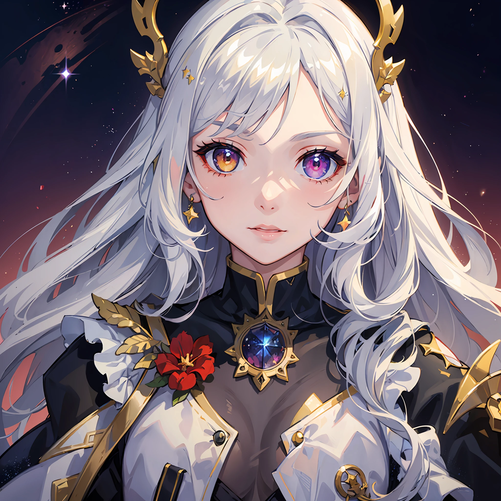 (masterpiece:1.5), (best artist:1.4), (heterochrome:red and yellow),0.9], (colorful eyes), (1girl), (extremely detailed CG unit 8k wallpaper), (detailed eyes), a (white) haired, fair-skinned girl wearing a star guardian uniform, against a backdrop of beautifully drawn galaxy backdrop, each iris displaying a unique and enchanting colour combination, highlighting the mesmerizing beauty of her heterochromatic eyes amidst the vastness of space. --v6