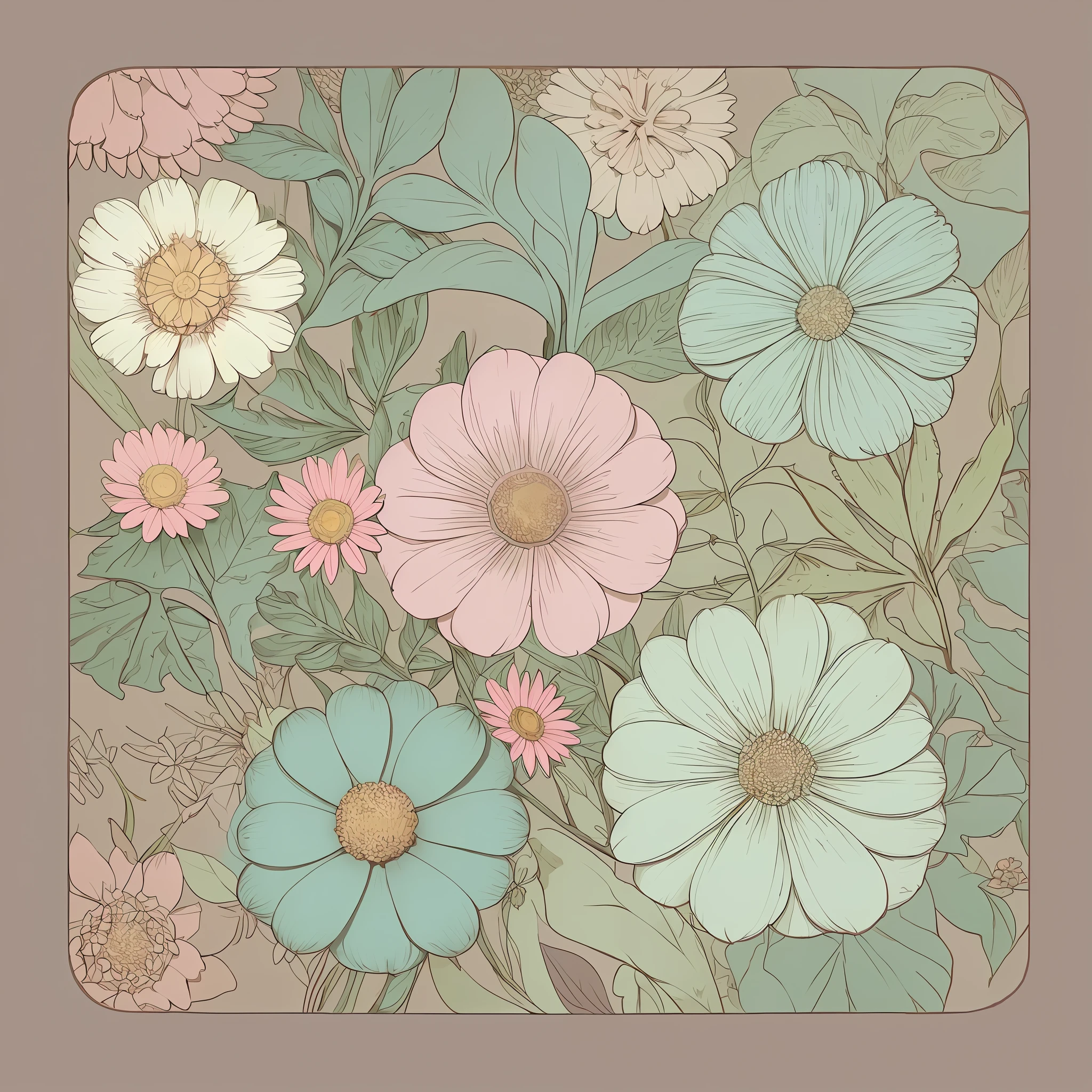 Small flower pattern label style, flat style, vector style, drawing style, naïve style, in very soft pastel colors such as old pink, moss green, light blue, beige, light yellow. WHITE BACKGROUND