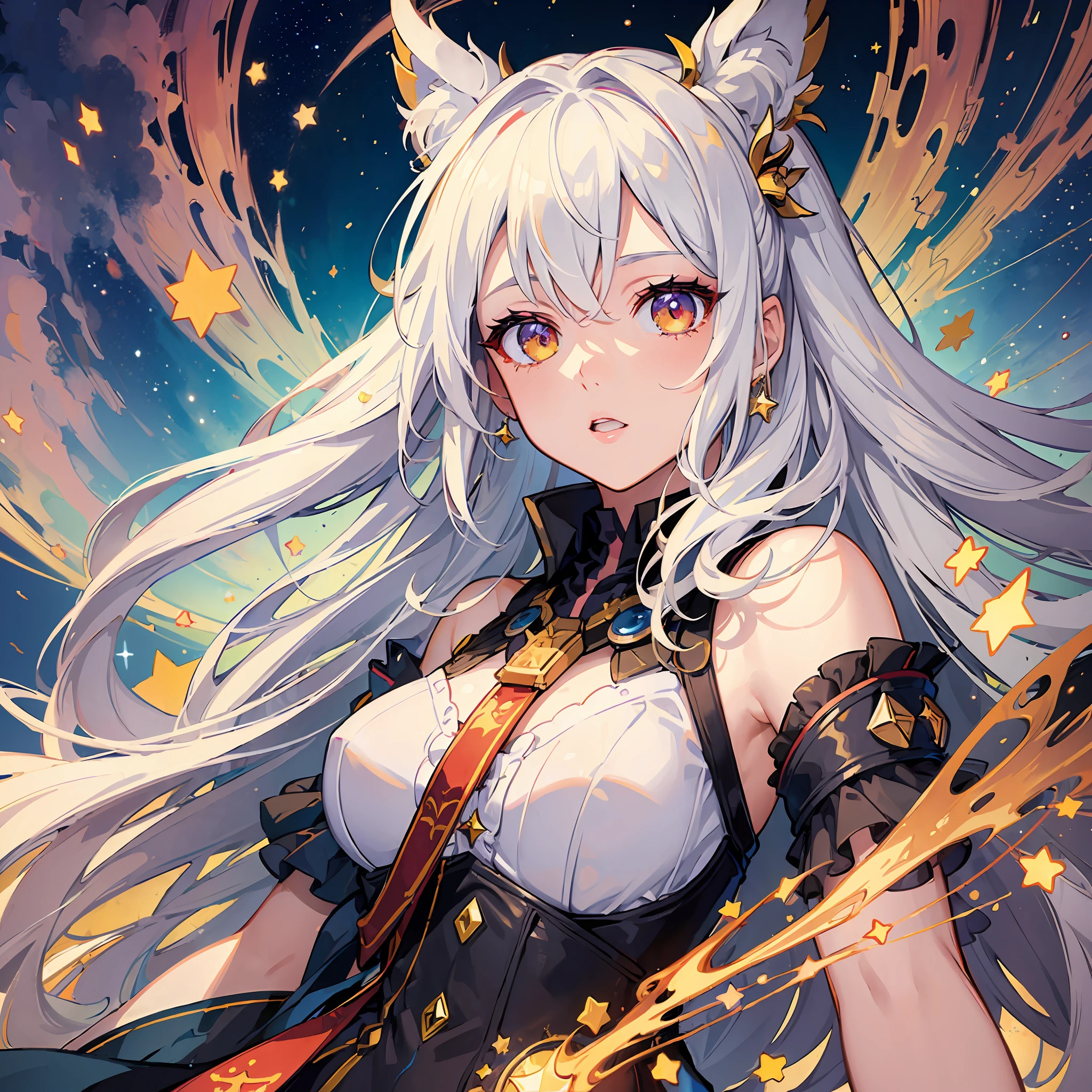 (masterpiece:1.5), (best artist:1.4), (heterochrome:red and yellow),0.9], (colorful eyes), (1girl), (extremely detailed CG unit 8k wallpaper), (detailed eyes), a (white) haired, fair-skinned girl wearing a star guardian uniform, against a backdrop of beautifully drawn galaxy backdrop, each iris displaying a unique and enchanting colour combination, highlighting the mesmerizing beauty of her heterochromatic eyes amidst the vastness of space. --v6