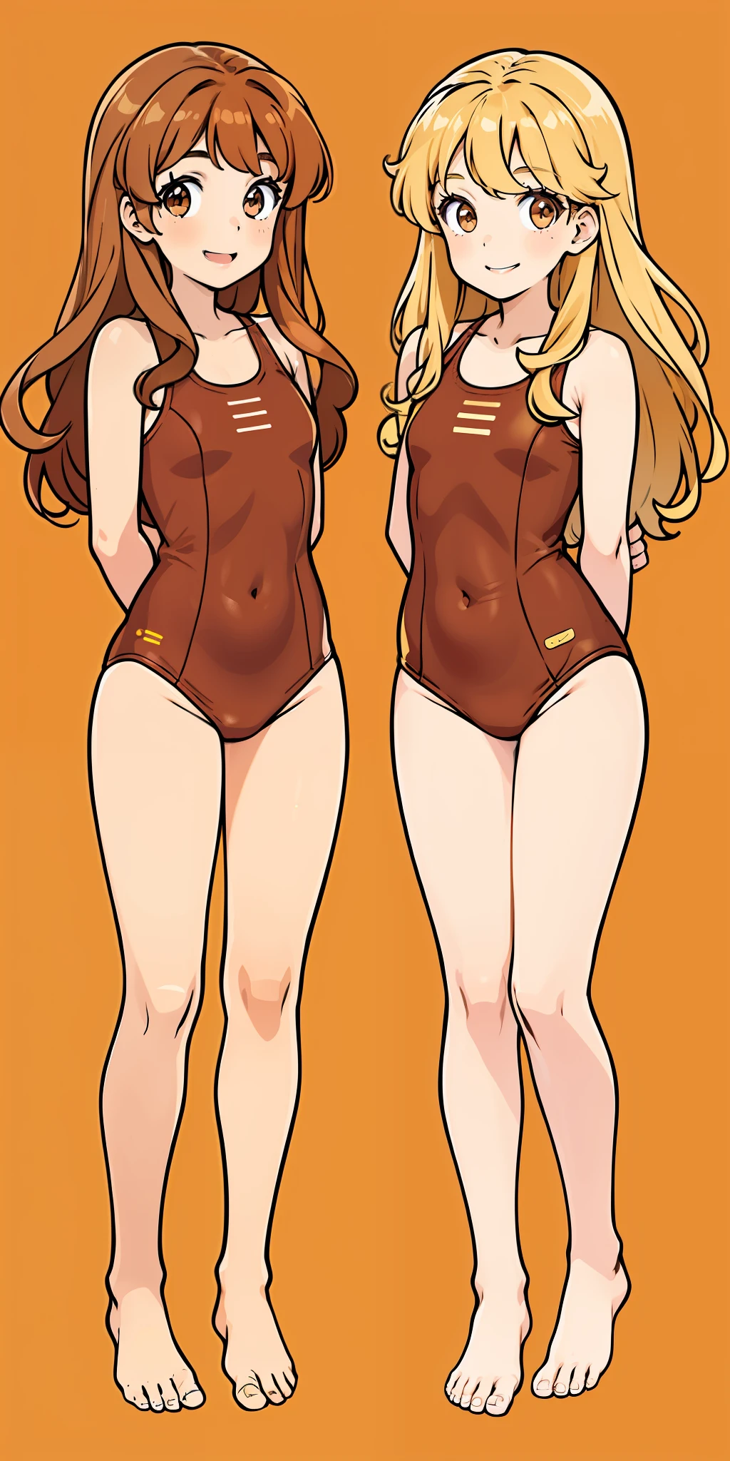 Woman, brown hair, curly hair, long hair, hazel eyes, extremely detailed, smile, swimsuits, barefoot, full body shot, matching outfits, identical outfits, brown hair, blonde hair, different hair colors, twin sisters