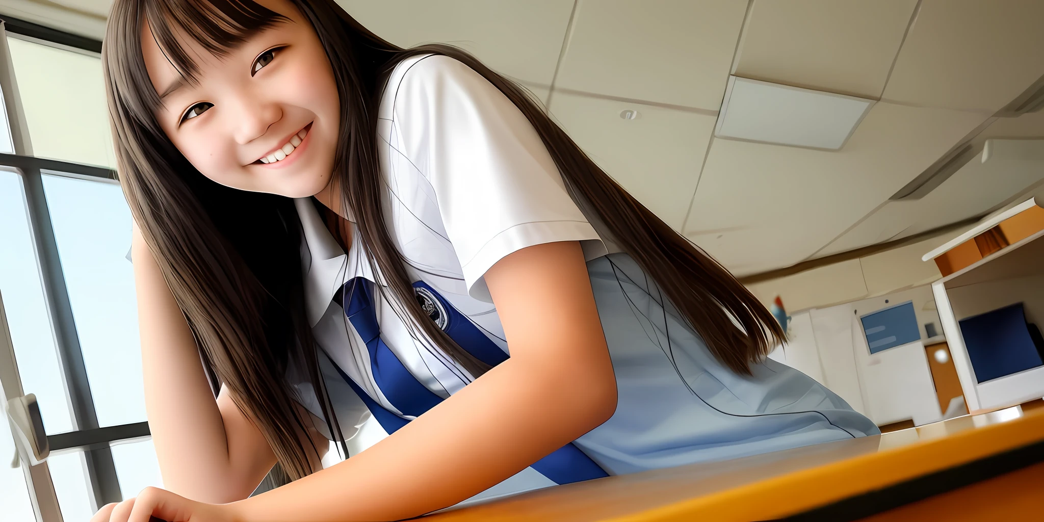 Photo of a beautiful junior high school girl sitting on desk, long hair, smile, high quality, 8k, natural light