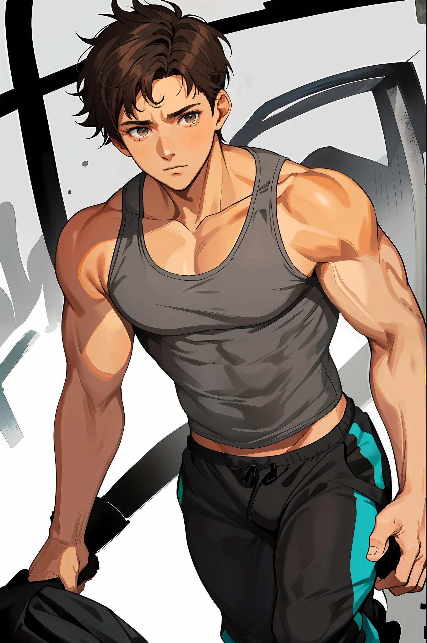 he's man short hair brown hair brown skin brown eyes messy hair He's very short 1.59 m he's wearing the grey gym pants and a black tank top he's a person who is moderately strong he's got he's got a little bit of muscle he walks in shoes He's well sunburnt