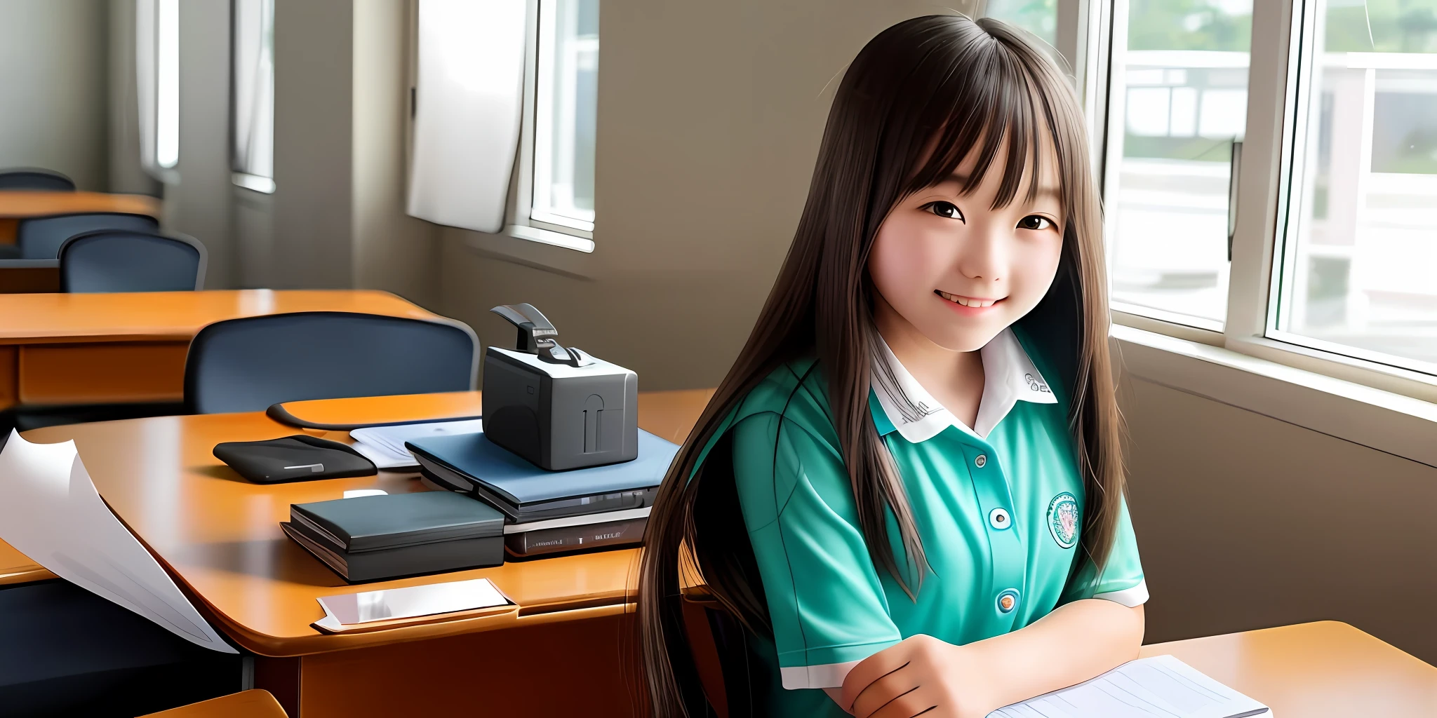 Photo of a beautiful junior high school girl sitting on desk, long hair, smile, high quality, 8k, natural light
