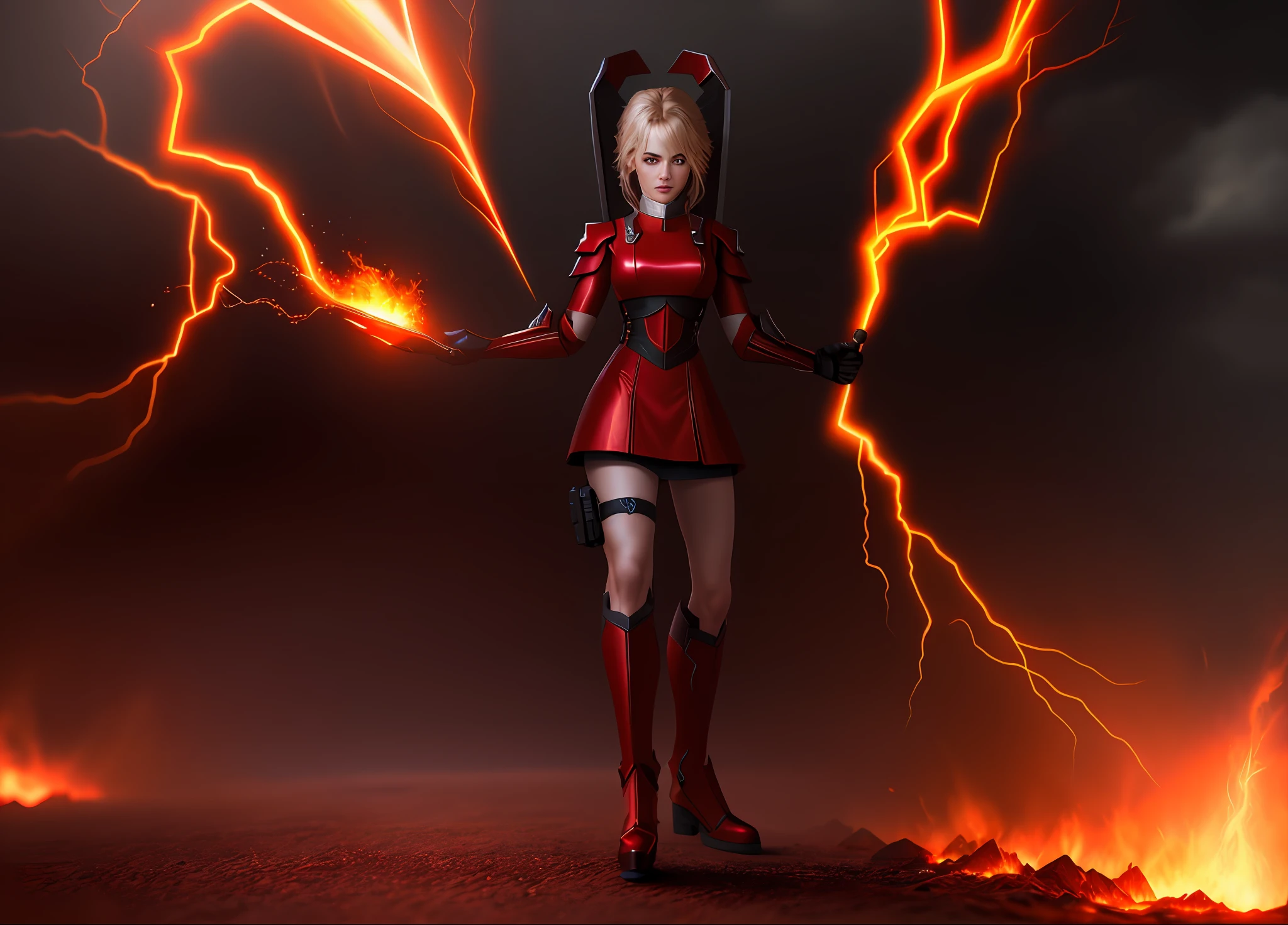 "Cinematic lightning, realistic photography, UHD, high quality. Wearing a magma outfit that exudes an evil aura, let flames rage in both hands."