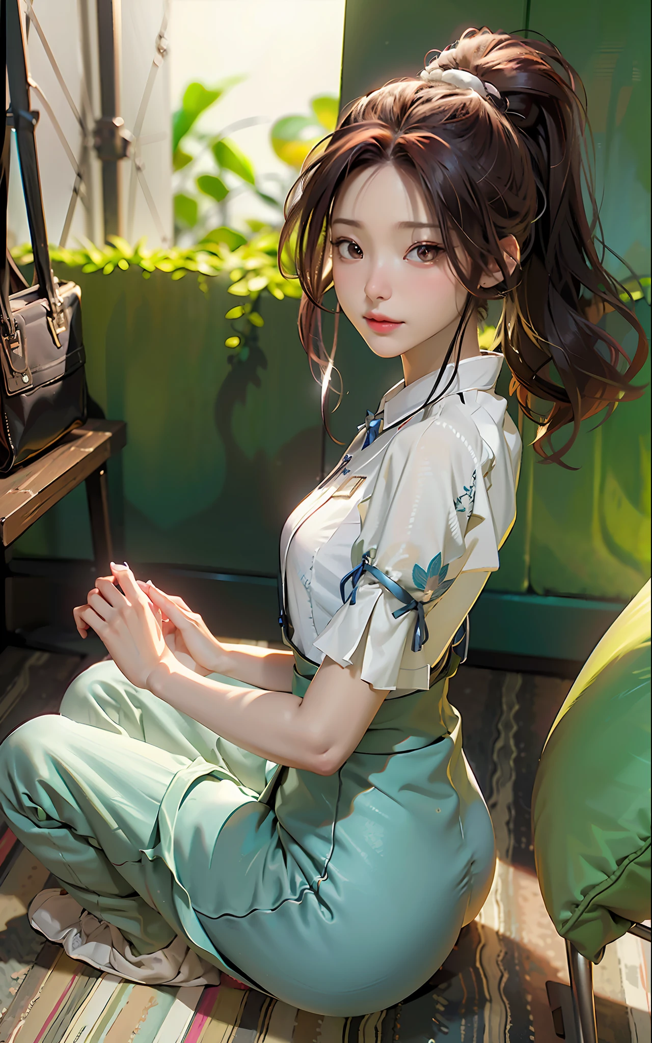 (Best Quality)), (Masterpiece)), (Details: 1.4), 3D, Images of neat and clean modern women, Sparkling brown hair, Beautiful brown eyes, Beautiful face, Dark blue pleated long skirt, white blouse, small, Dynamic pose, Dynamic Angle, HDR, Ray Tracing, NVIDIA RTX, Super Resolution, Unreal 5, Subsurface Scattering, PBR texturing, post-processing, anisotropic filtering, depth of field, maximum clarity and sharpness, multi-layer textures, albedo and specular maps, surface shading, accurate simulation of light-matter interactions, perfect proportions, octane rendering, two-tone lighting, wide aperture, low ISO, White Balance, Rule of Thirds, 8K RAW,