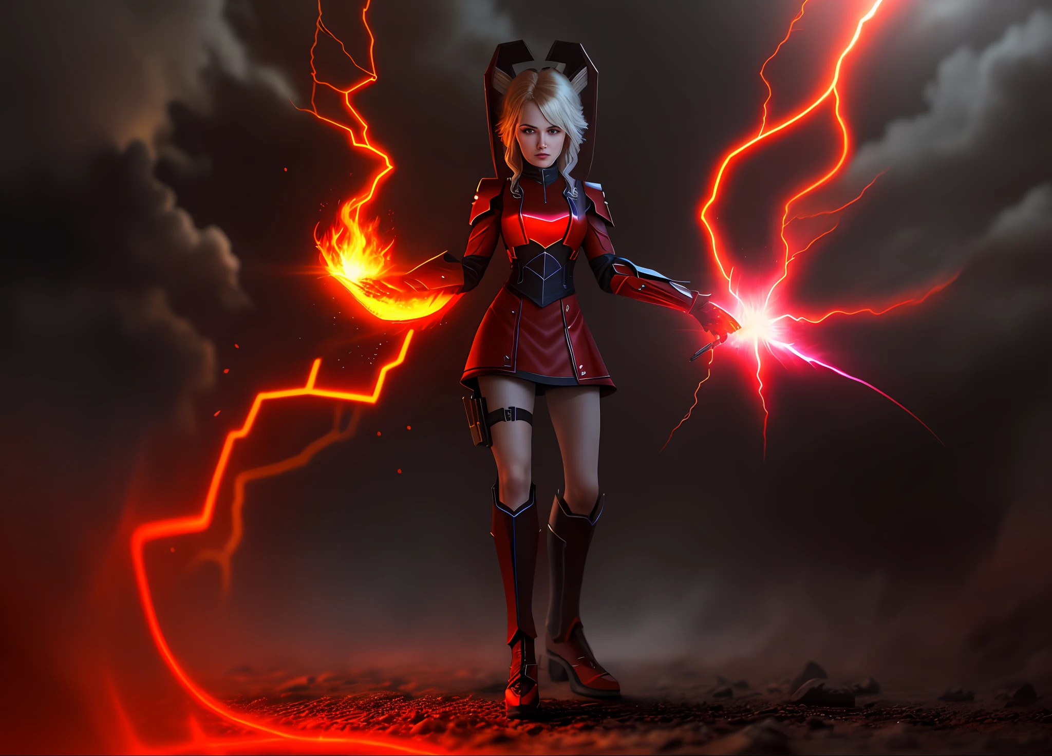 "Cinematic lightning, realistic photography, UHD, high quality. Wearing a magma outfit that exudes an evil aura, let flames rage in both hands."