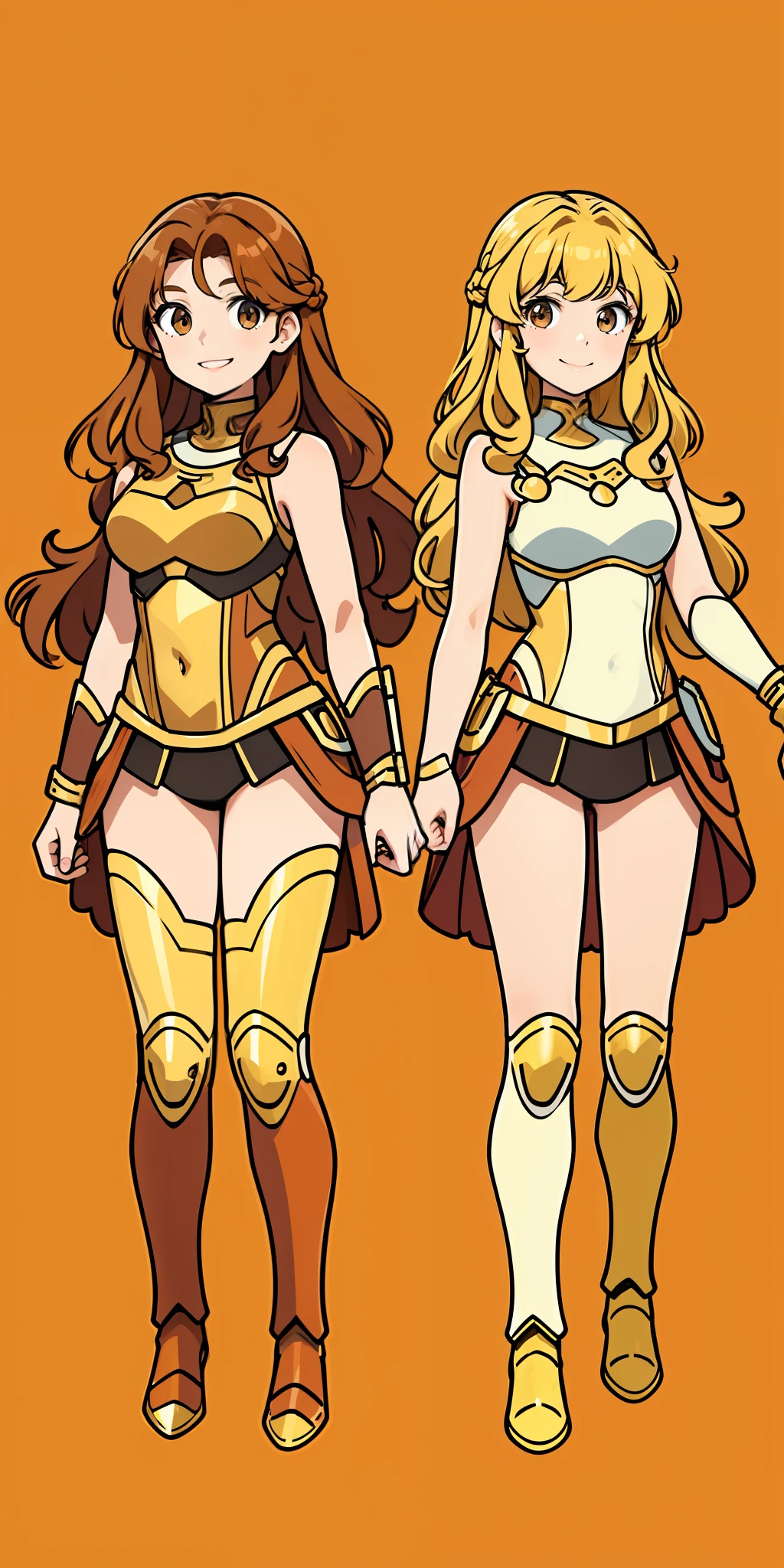 Woman, brown hair, curly hair, long hair, hazel eyes, extremely detailed, smile, greek hoplite armor, full body shot, matching outfits, identical outfits, brown hair, blonde hair, different hair colors, twin sisters