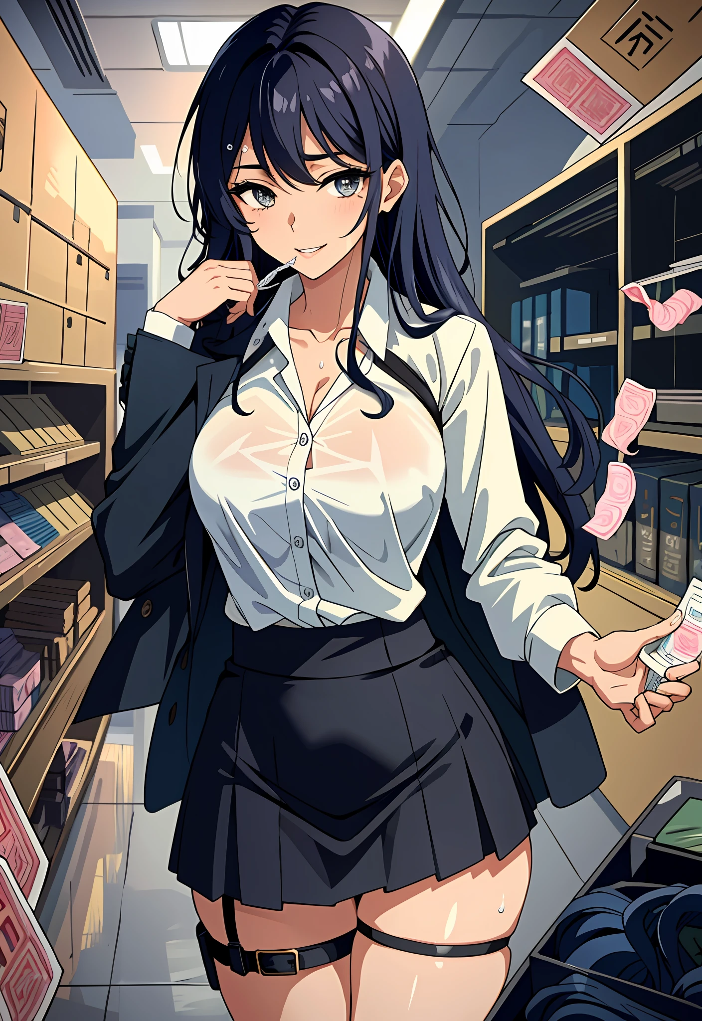 (Masterpiece: 1.2), (Best Quality: 1.2) 1 Girl, Long Eyelashes, Anime Style, Perfect Face, Full Lips, Smile, Mature, Sweat, Pale Skin, Wet Cloth, Very Dark Skin, Thick Thighs, Wide Buttocks, Office Lady, Jacket, Shirt, Skirt, ((Sweat Flush,, Biting the Condom, Holding the Condom, Hanging the Chest and Leg Strap after Use))