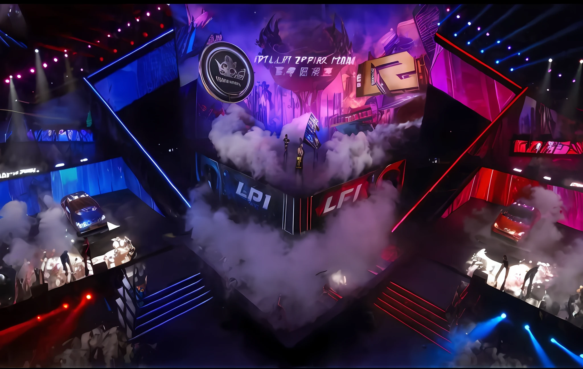 There is smoke coming out of the stage, there is a car on the stage, epic amazing atmosphere, very epic atmosphere, e-sports, e-sports style, G Liulian art style, smoky room, trailer, smoky area, epic atmosphere, Li Zixin, a lot of smoke, Lei Min, cheerful atmosphere, brilliant lights