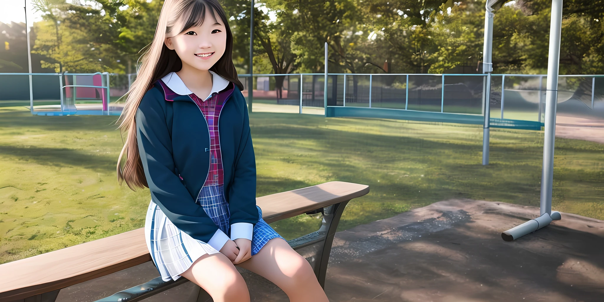 Photo of a beautiful high school girl sitting in playground, long hair, smile, high quality, 8k, natural light