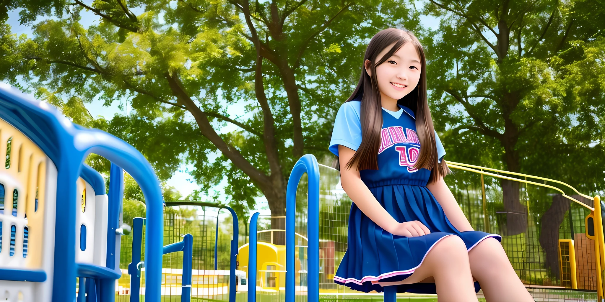 Photo of a beautiful junior high school girl sitting in playground, long hair, smile, high quality, 8k, natural light