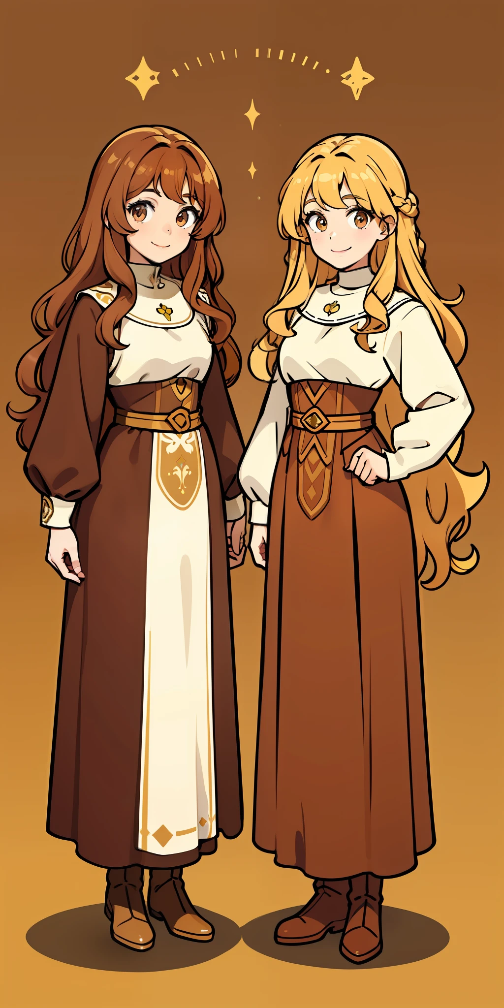 Woman, brown hair, curly hair, long hair, hazel eyes, extremely detailed, smile, medieval pricesses, full body shot, matching outfits, identical outfits, brown hair, blonde hair, different hair colors, twin sisters