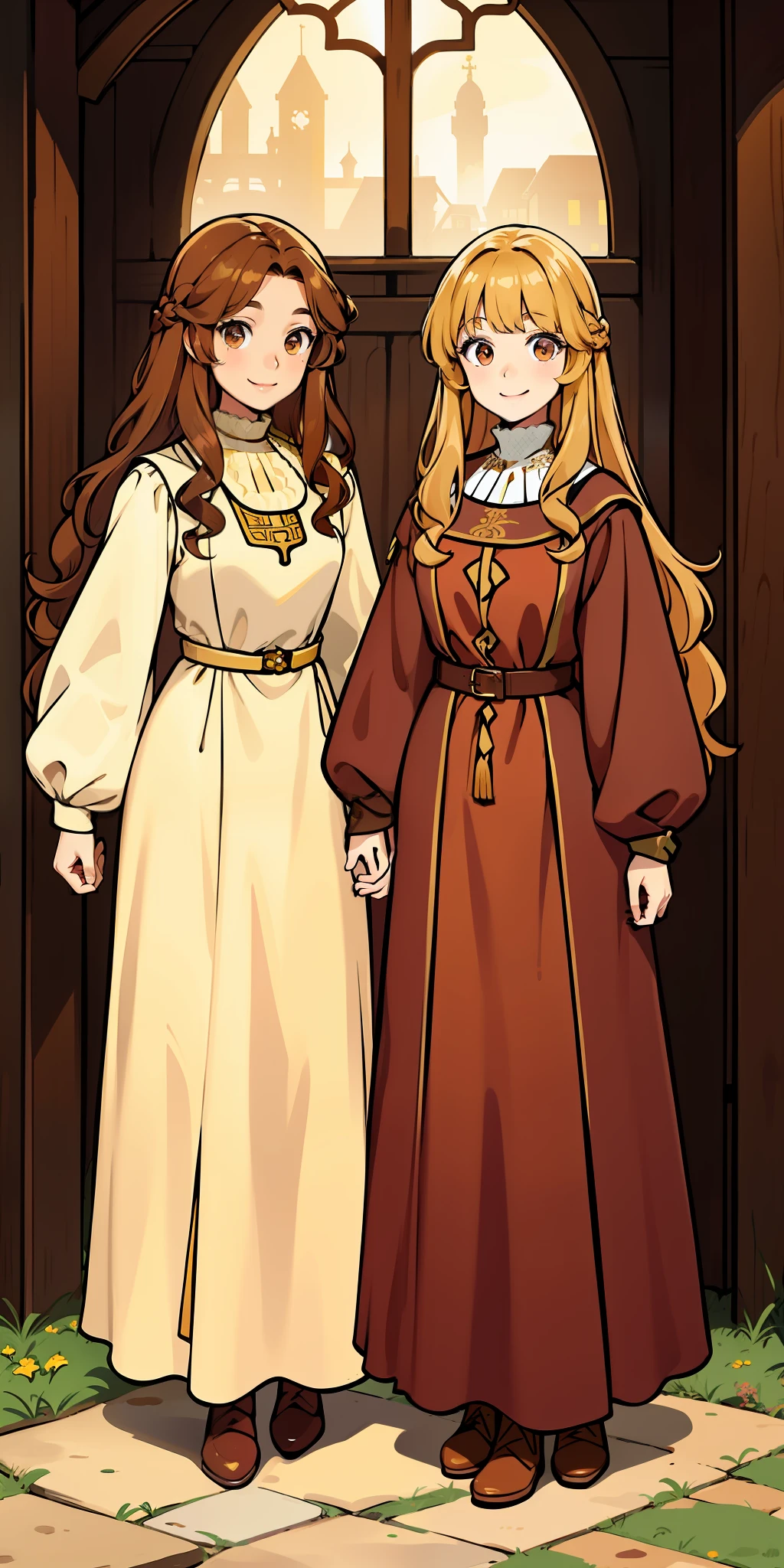 Woman, brown hair, curly hair, long hair, hazel eyes, extremely detailed, smile, medieval pricesses, full body shot, matching outfits, identical outfits, brown hair, blonde hair, different hair colors, twin sisters
