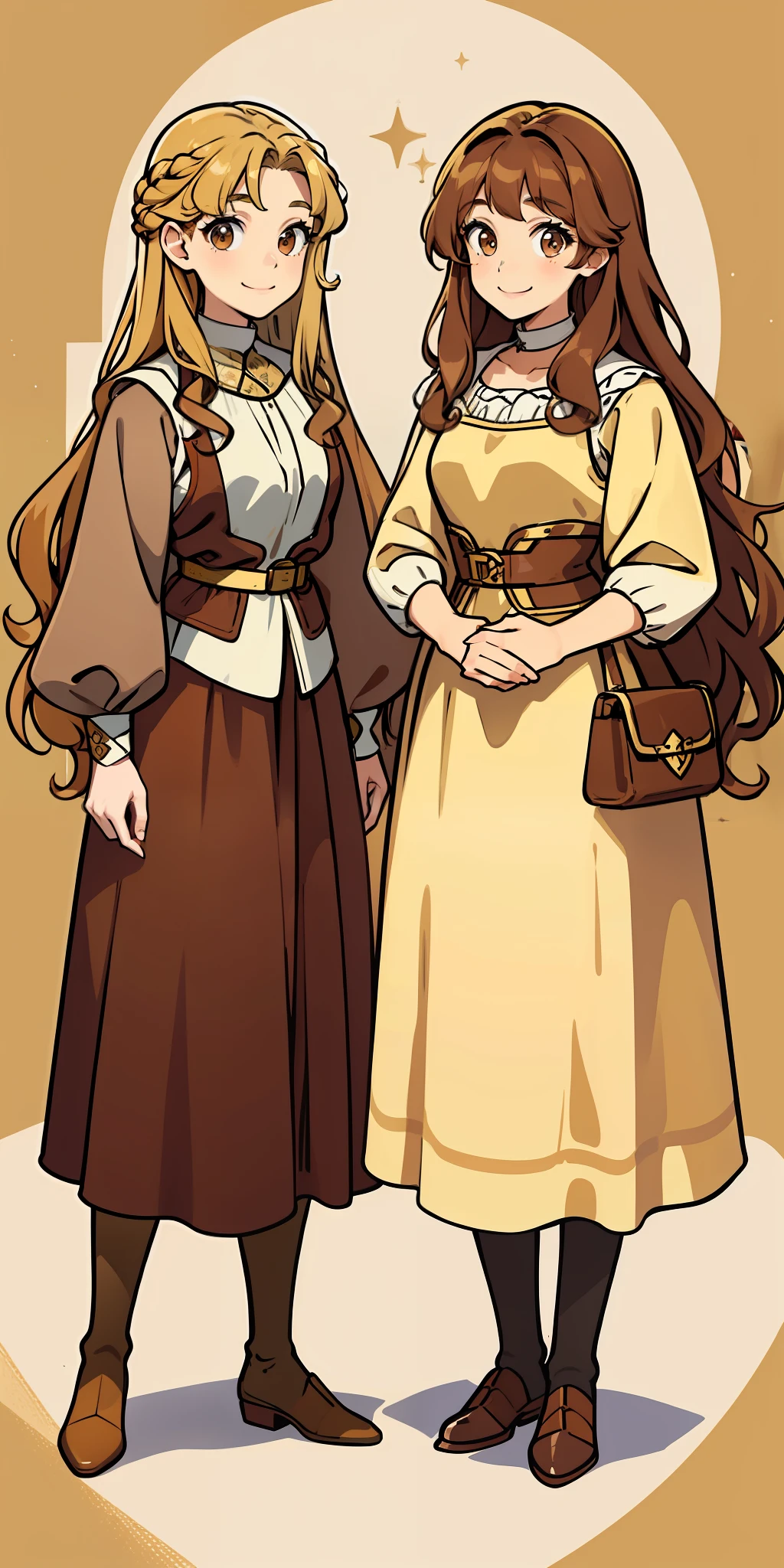 Woman, brown hair, curly hair, long hair, hazel eyes, extremely detailed, smile, medieval pricesses, full body shot, matching outfits, identical outfits, brown hair, blonde hair, different hair colors, twin sisters