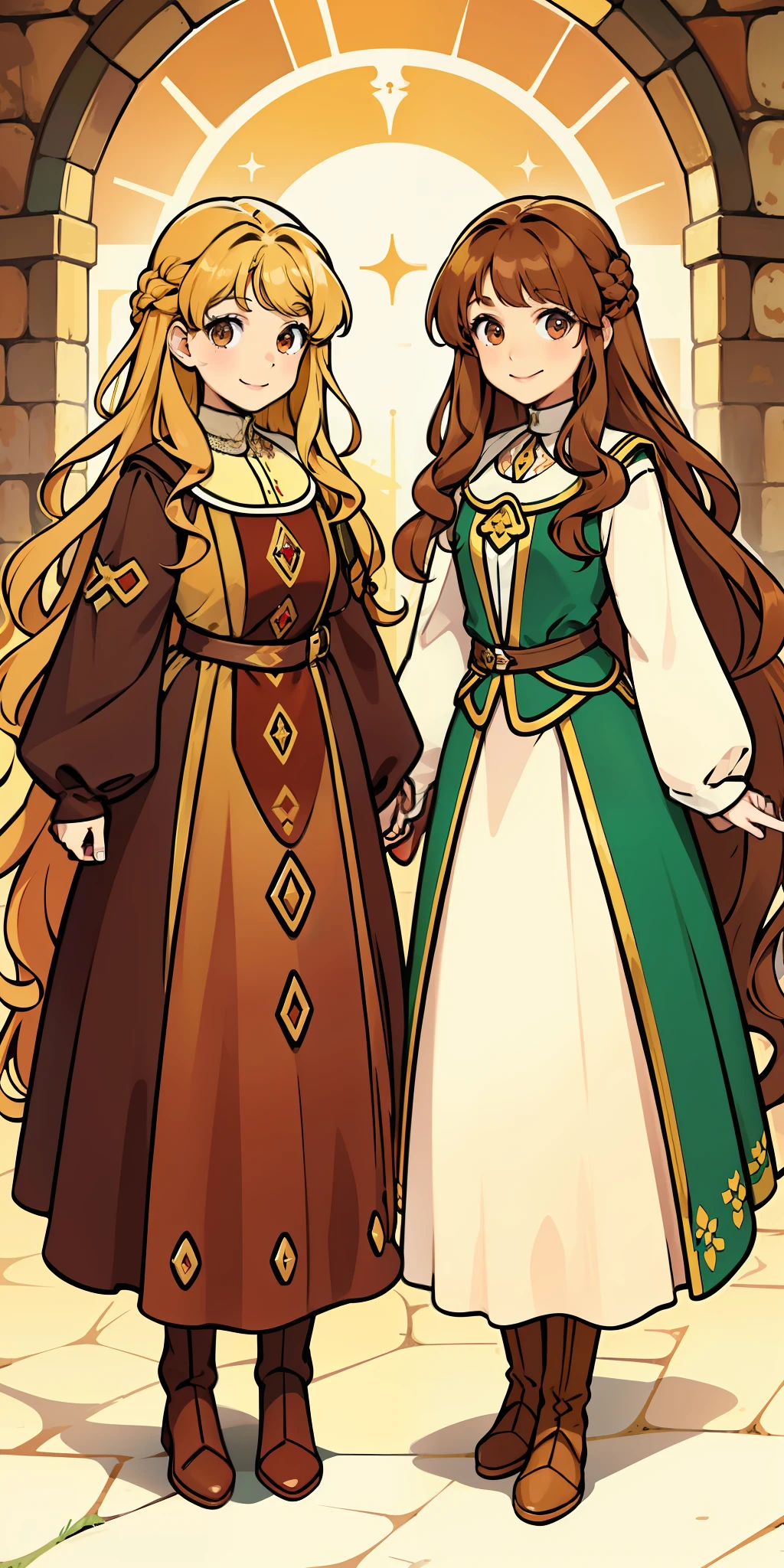 Woman, brown hair, curly hair, long hair, hazel eyes, extremely detailed, smile, medieval pricesses, full body shot, matching outfits, identical outfits, brown hair, blonde hair, different hair colors, twin sisters