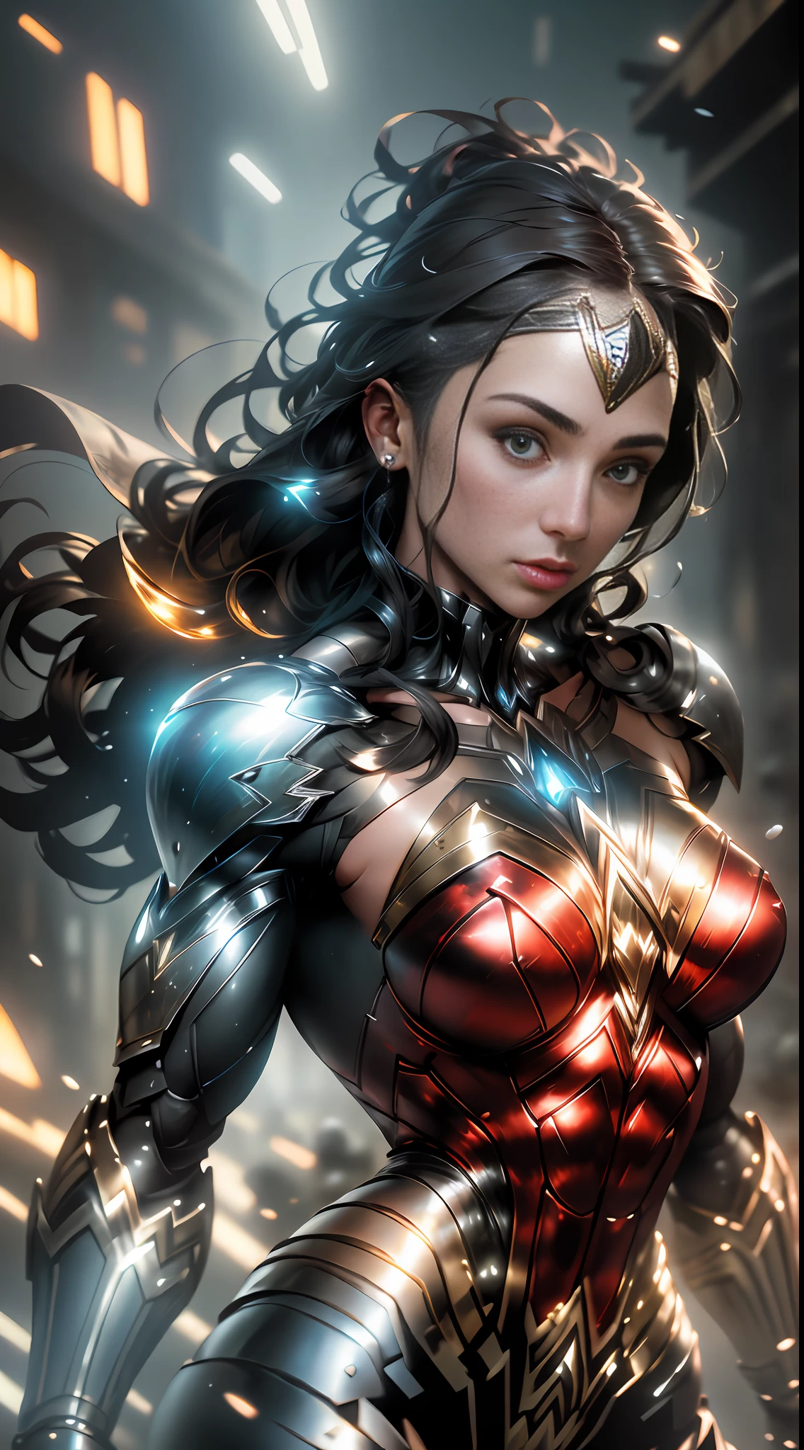 raw, cinematic, realistic, amazing, absurdly detailed, reflective and bright armor, super detailed environment, ultrasharp, particles, vivid colors, (1Wonder Woman), voluminous and floating hair