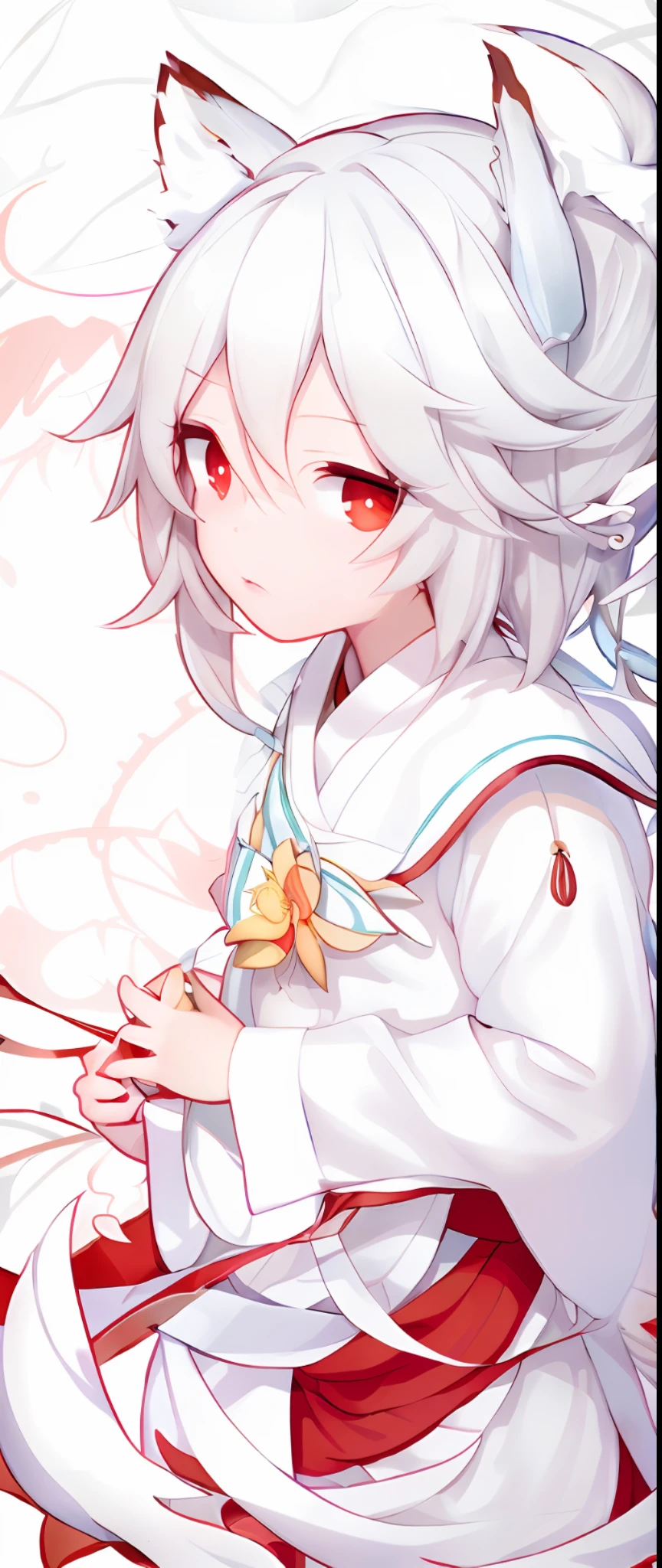 ((4k, masterpiece, best quality)), shuimobysim, Chinese painting, lotus, hanfu, maxiskit, dressed conservative 1, solo, white hair, fox ears, white, fish, boy with a lot of fish nearby, look at the audience, tease oneeshota, red eyes