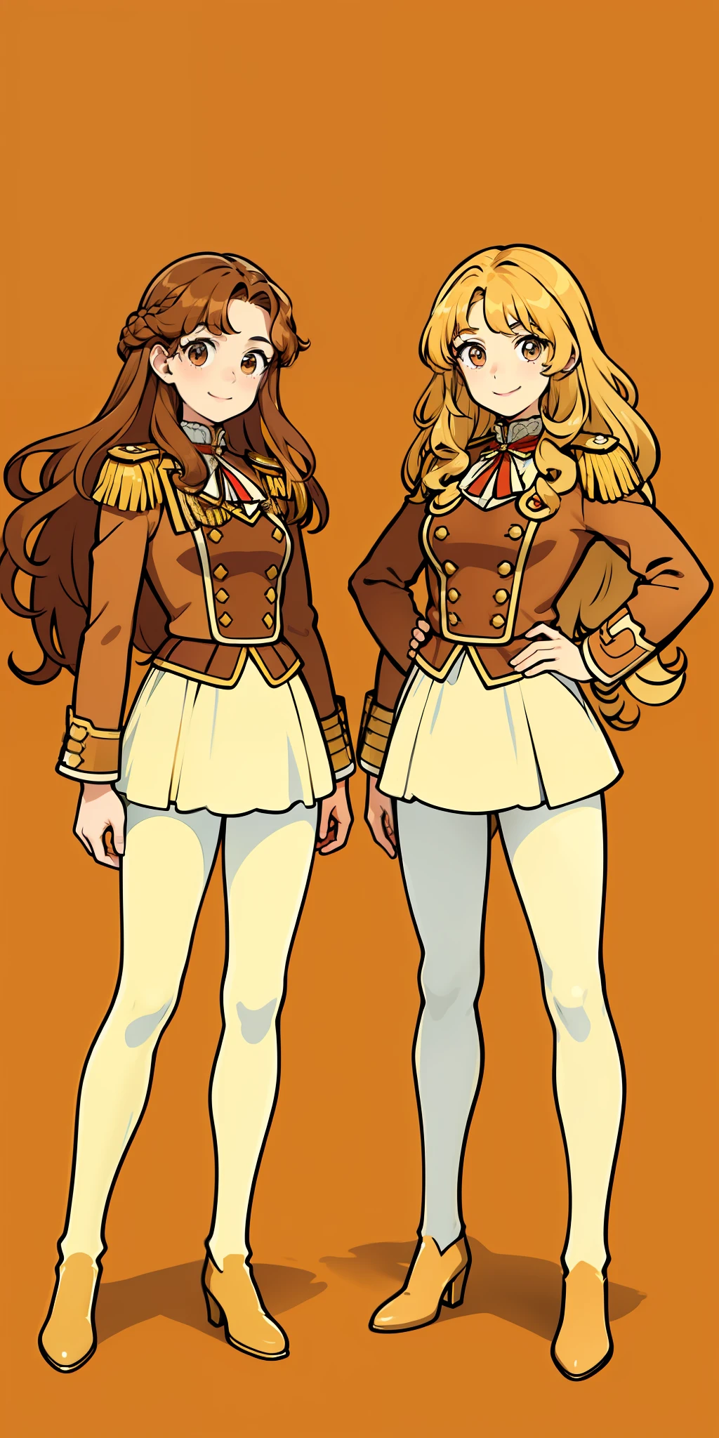 Woman, brown hair, curly hair, long hair, hazel eyes, extremely detailed, smile, napoleonic uniforms, full body shot, matching outfits, identical outfits, brown hair, blonde hair, different hair colors, twin sisters