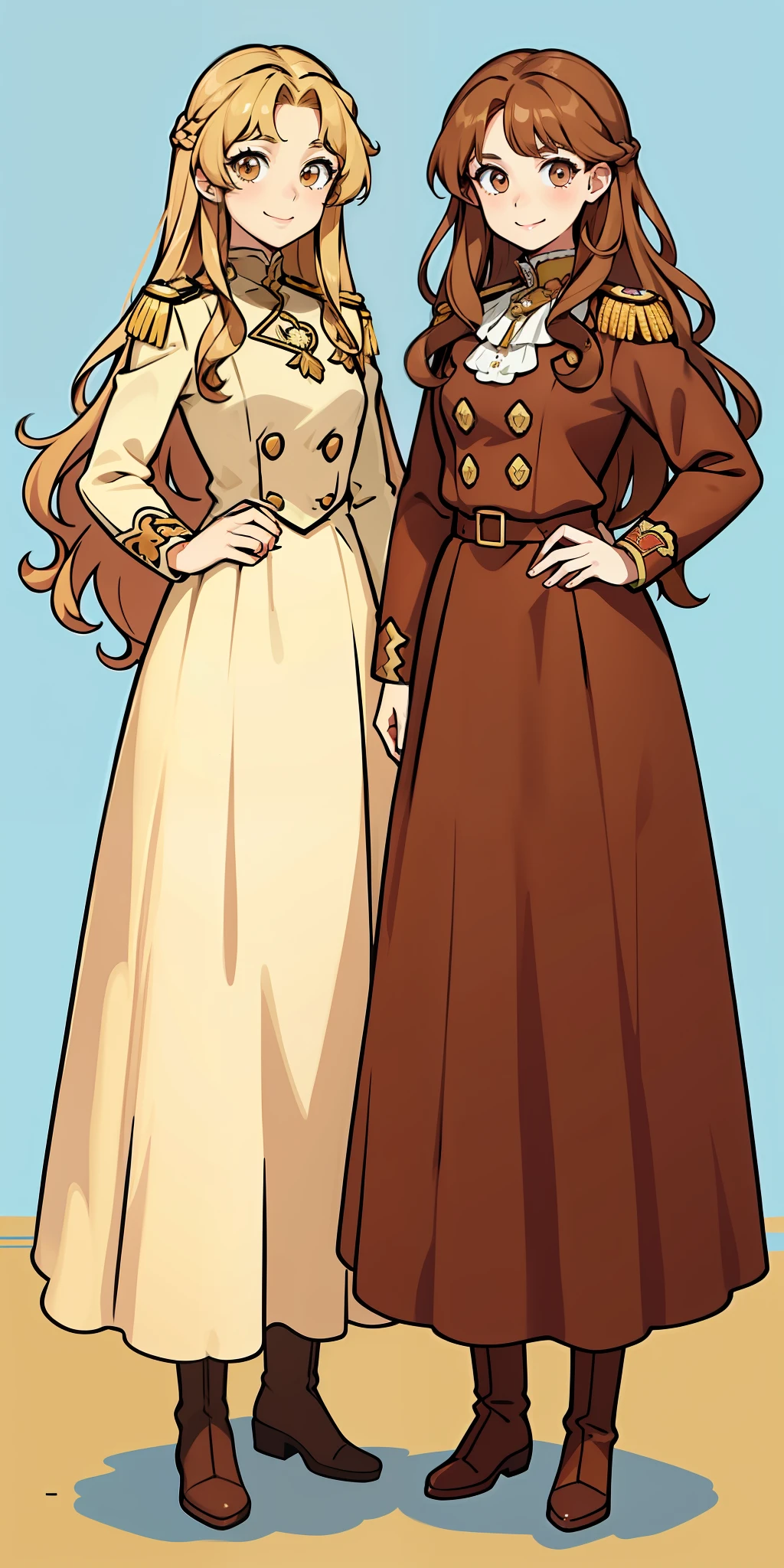 Woman, brown hair, curly hair, long hair, hazel eyes, extremely detailed, smile, napoleonic uniforms, full body shot, matching outfits, identical outfits, brown hair, blonde hair, different hair colors, twin sisters