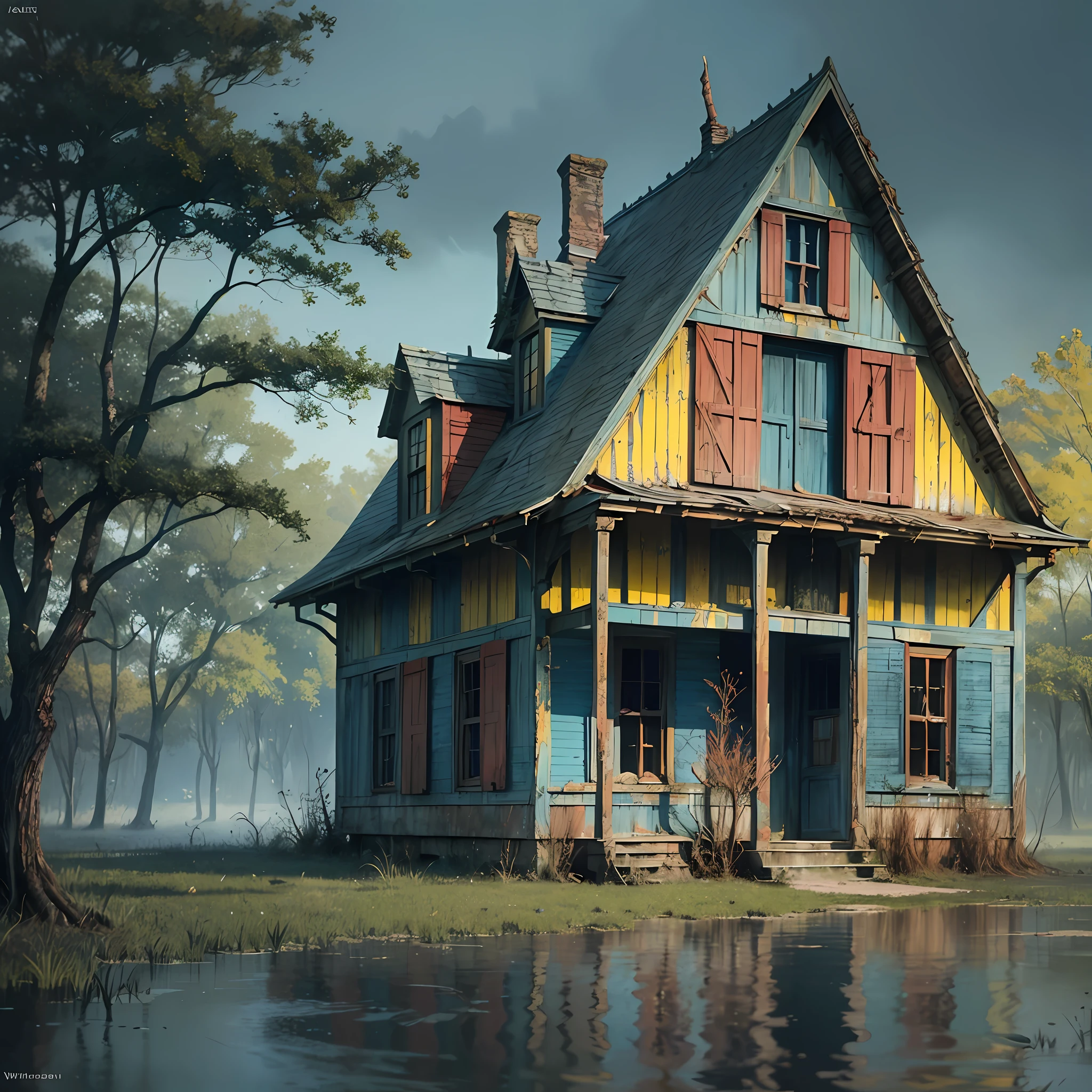 paint, muted colors, blue, red, musg, yellow, old house in the swamp, trees, horror, strong colors, art by bernie wrightson, rutkowski, high quality, highres, detail enhancement