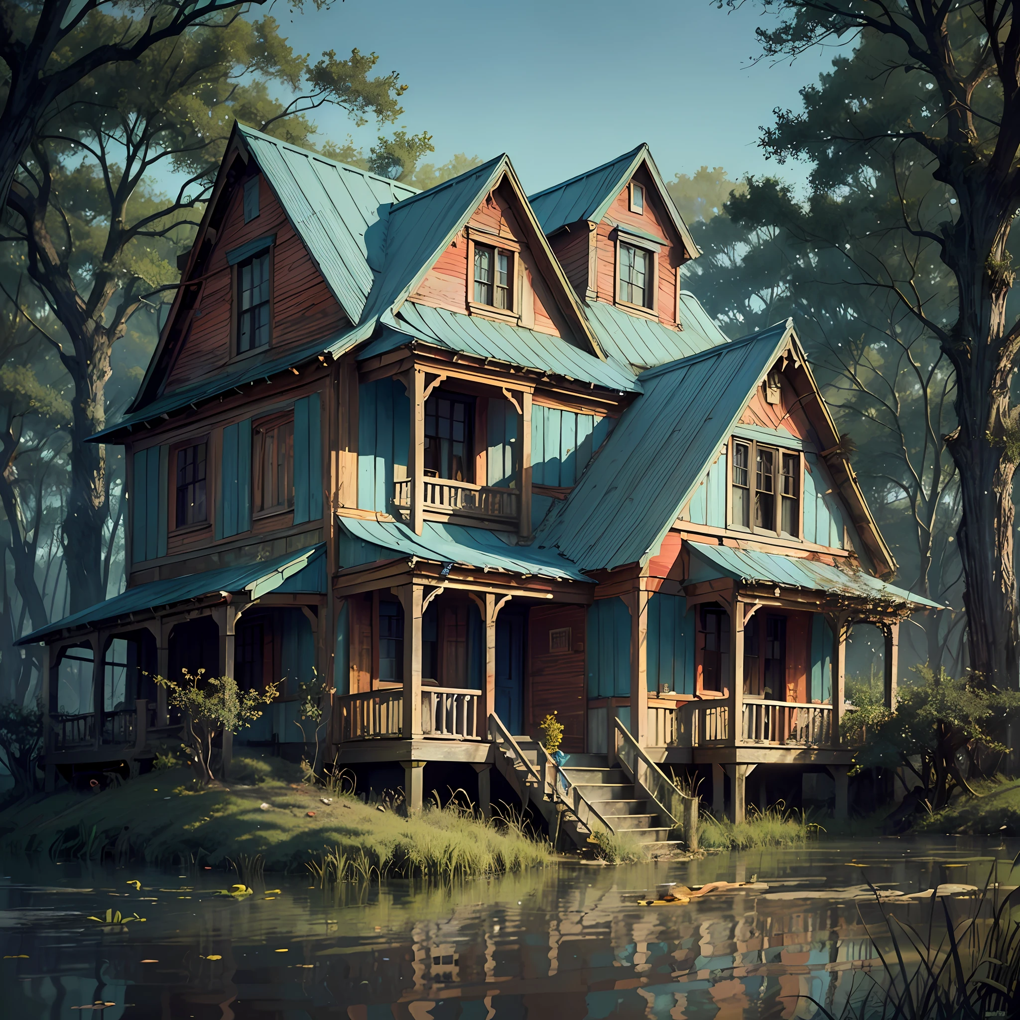 paint, muted colors, blue, red, musg, yellow, old house in the swamp, trees, horror, strong colors, art by bernie wrightson, rutkowski, high quality, highres, detail enhancement