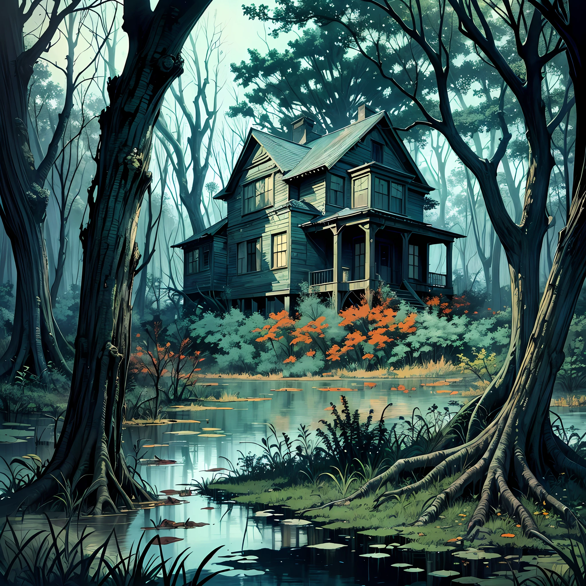 paint, muted colors, blue, red, musg, yellow, old house in the swamp, trees, horror, strong colors, art by bernie wrightson, rutkowski, high quality, highres, detail enhancement