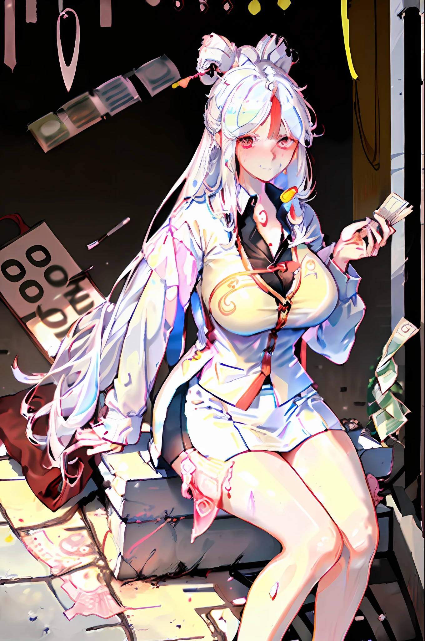 ((1girl)), gorgeous, white hair, red eyes, extra-long hair, hair accessories, bangs (white collar shirt, cardigan shirt, office girl, pencil skirt: 1.2) ((sweaty blush, big breasts, biting on a condom, holding a condom, condom on the chest, sitting on the ground, money on the ground))
