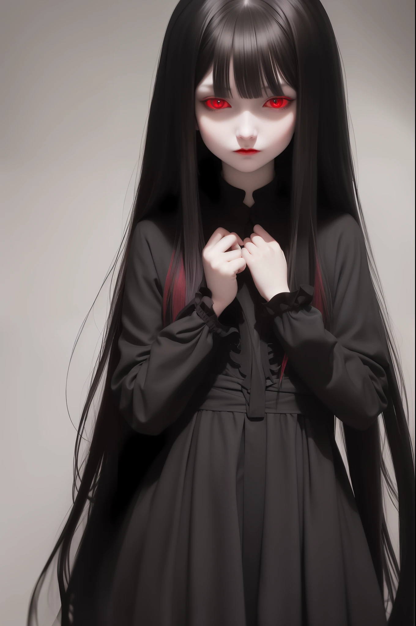 (vampire, long hair, black hair:1.2, red eyes, tall:1.2, black clothes, long clothes, dark, bright eyes:1.2, scary:1.2, threatening:1.1)