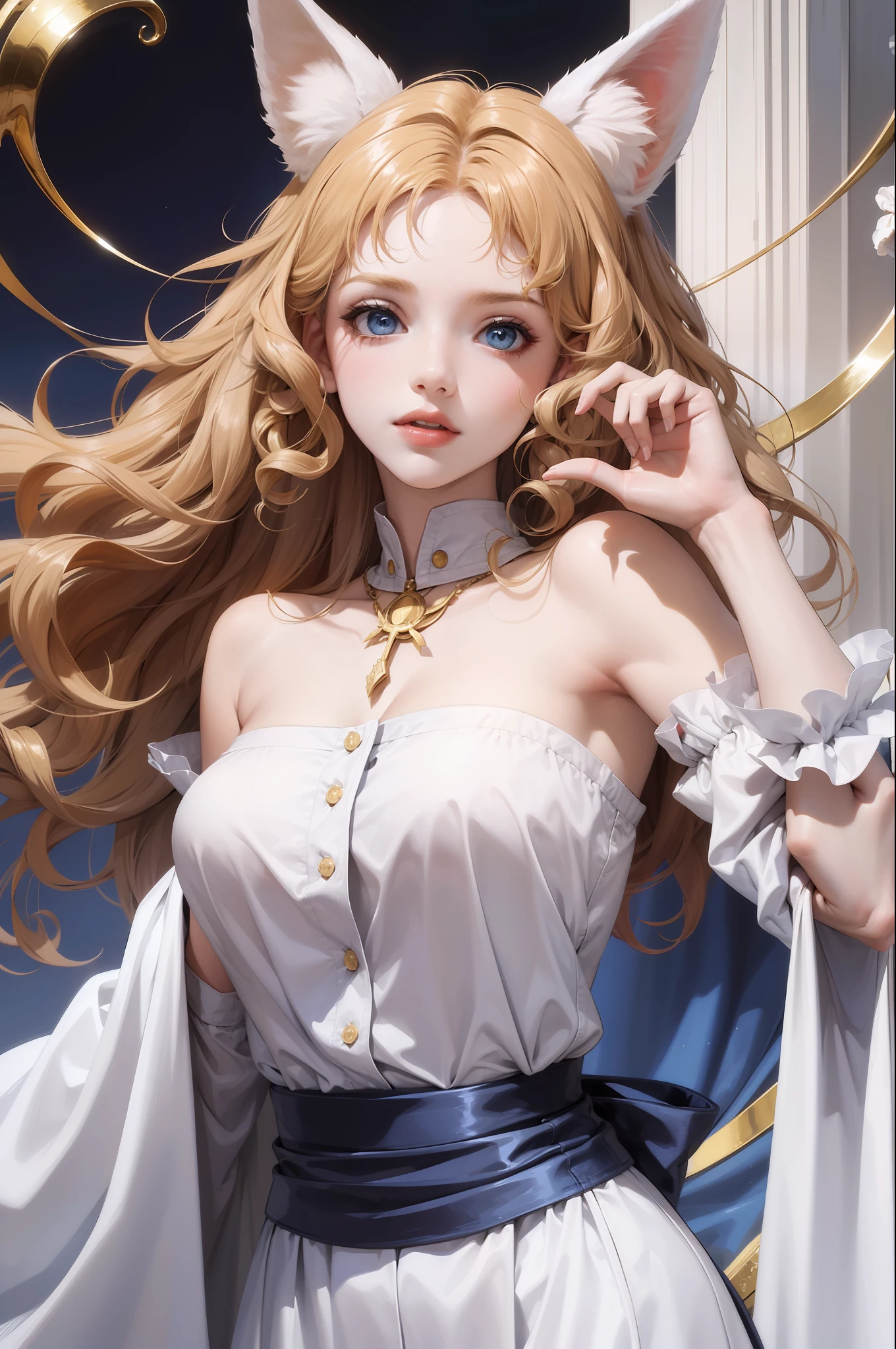 Woman with ,golden curly hair,Blue eyes,white fox ears