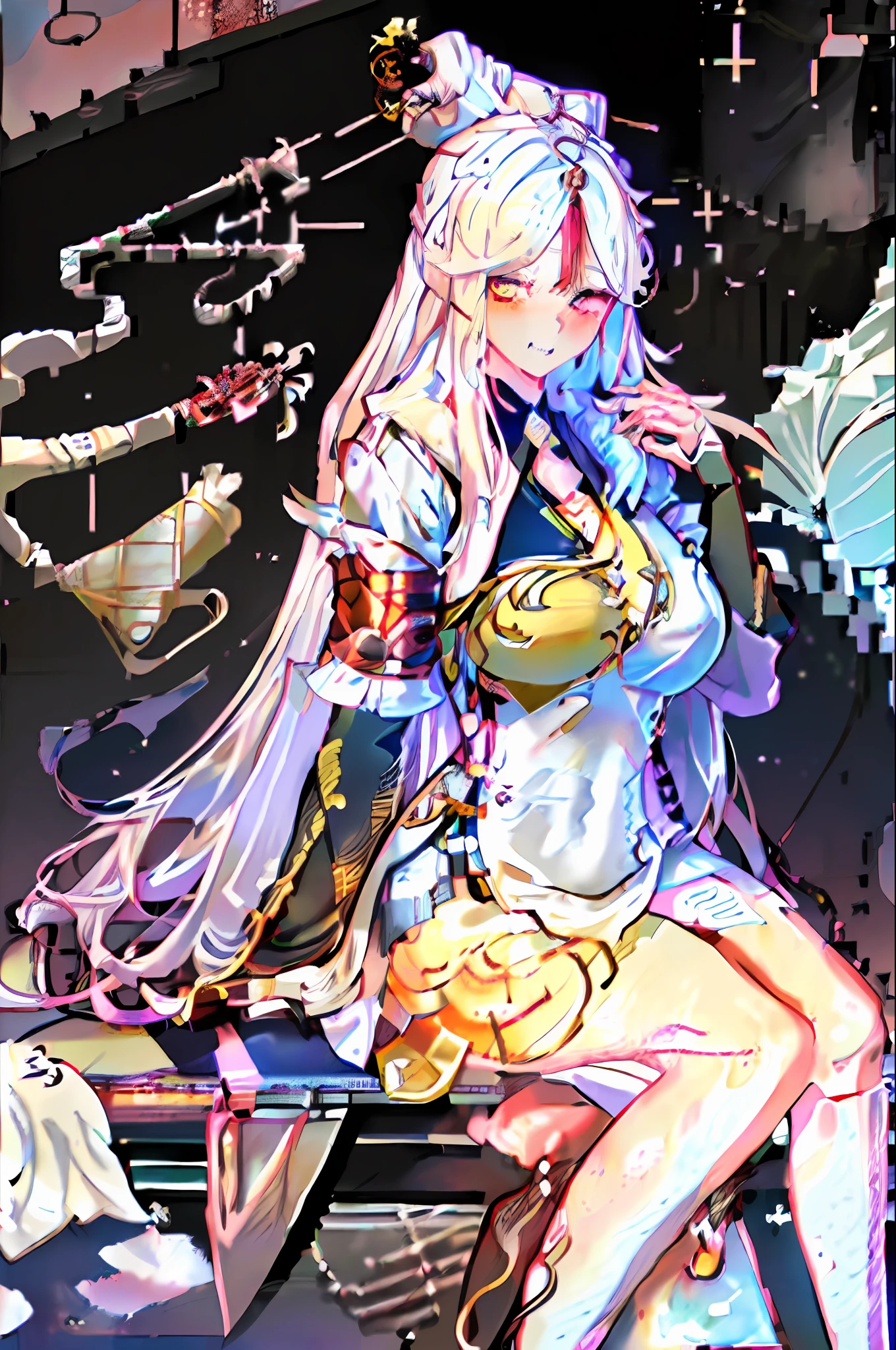 ((1girl)), gorgeous, white hair, red eyes, extra-long hair, hair accessories, bangs (white collar shirt, cardigan shirt, office girl, pencil skirt: 1.2) ((sweaty blush, big breasts, biting on a condom, holding a condom, condom on the chest, sitting on the ground, money on the ground))