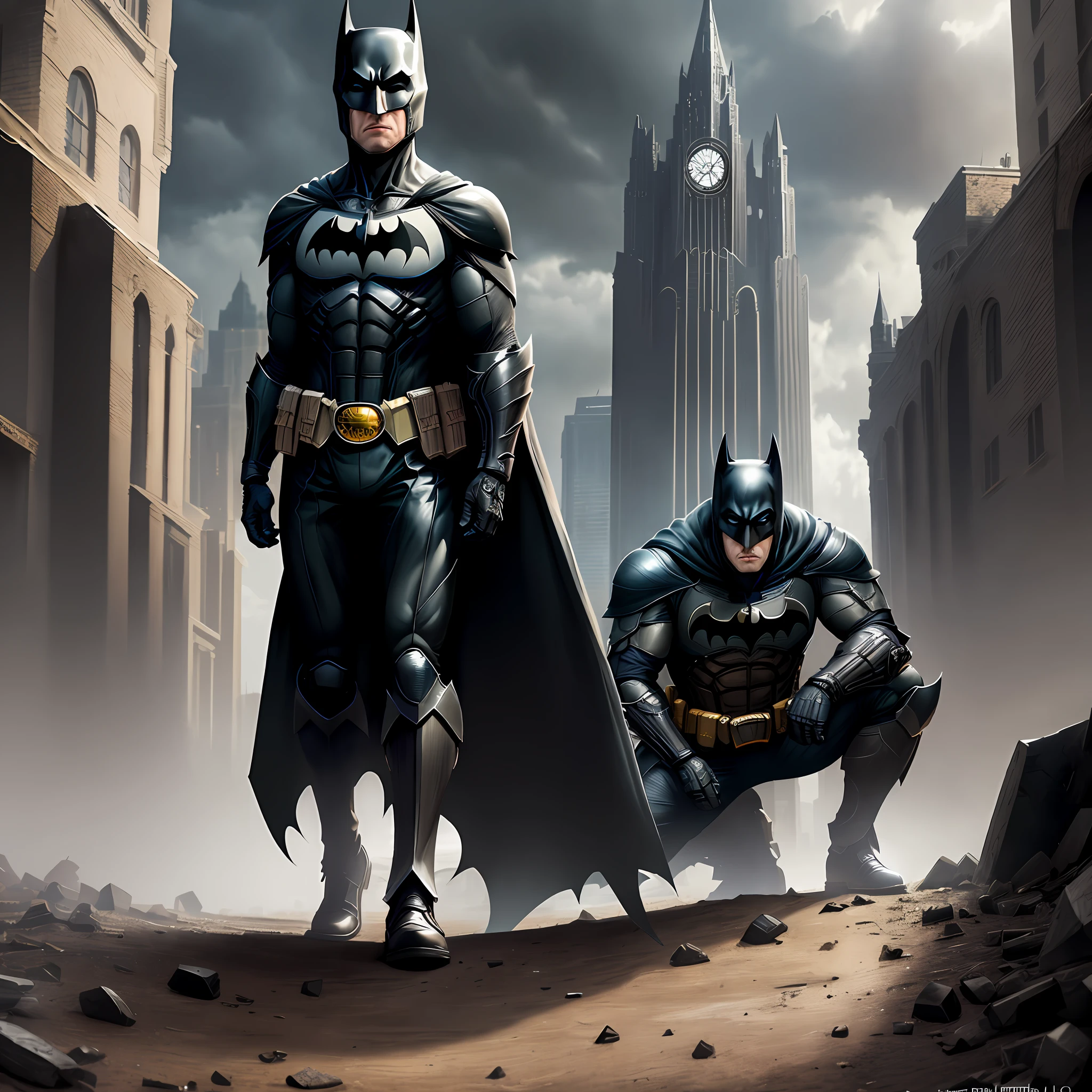 masterpiece, best quality, high quality, batman, centered, mega detailed and dark outfit, full body, super detailed, armor, gotham city in the background, dark night