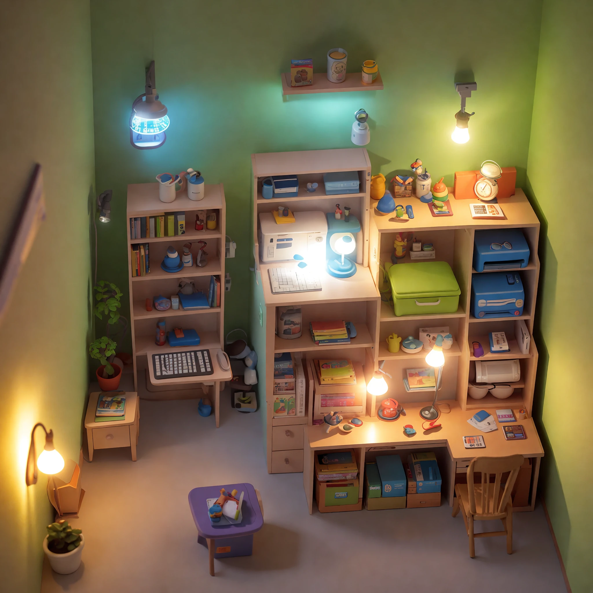 （Pixar style),A model of a cozy small room, miniature figure model, light source from right to left, Rumbrandt lighting, light source from right to left, (isometric view), (top-down), realistic scale, post-processing, ((orthogonal perspective)), super detail, realistic, super realistic, realistic render, rainbow color, glitter