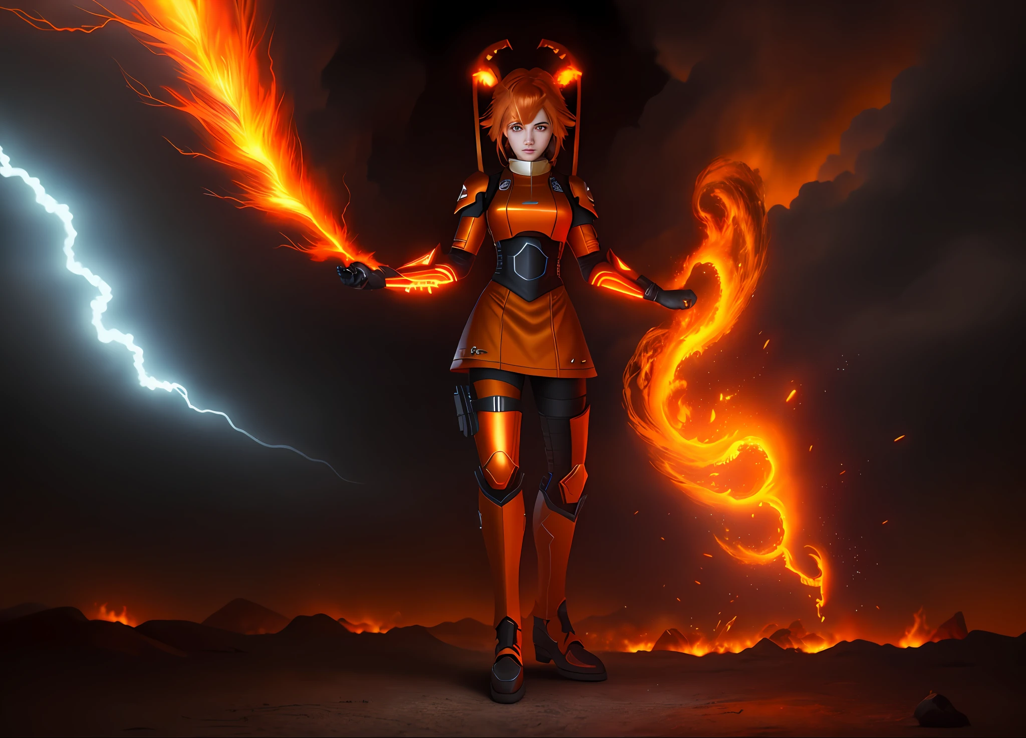 Cinematic lightning, realistic photography, UHD, high quality. Wearing a magma outfit, magma texture on outfit, fire balls in both hands, orange hairs, flame eyes, black skin tone