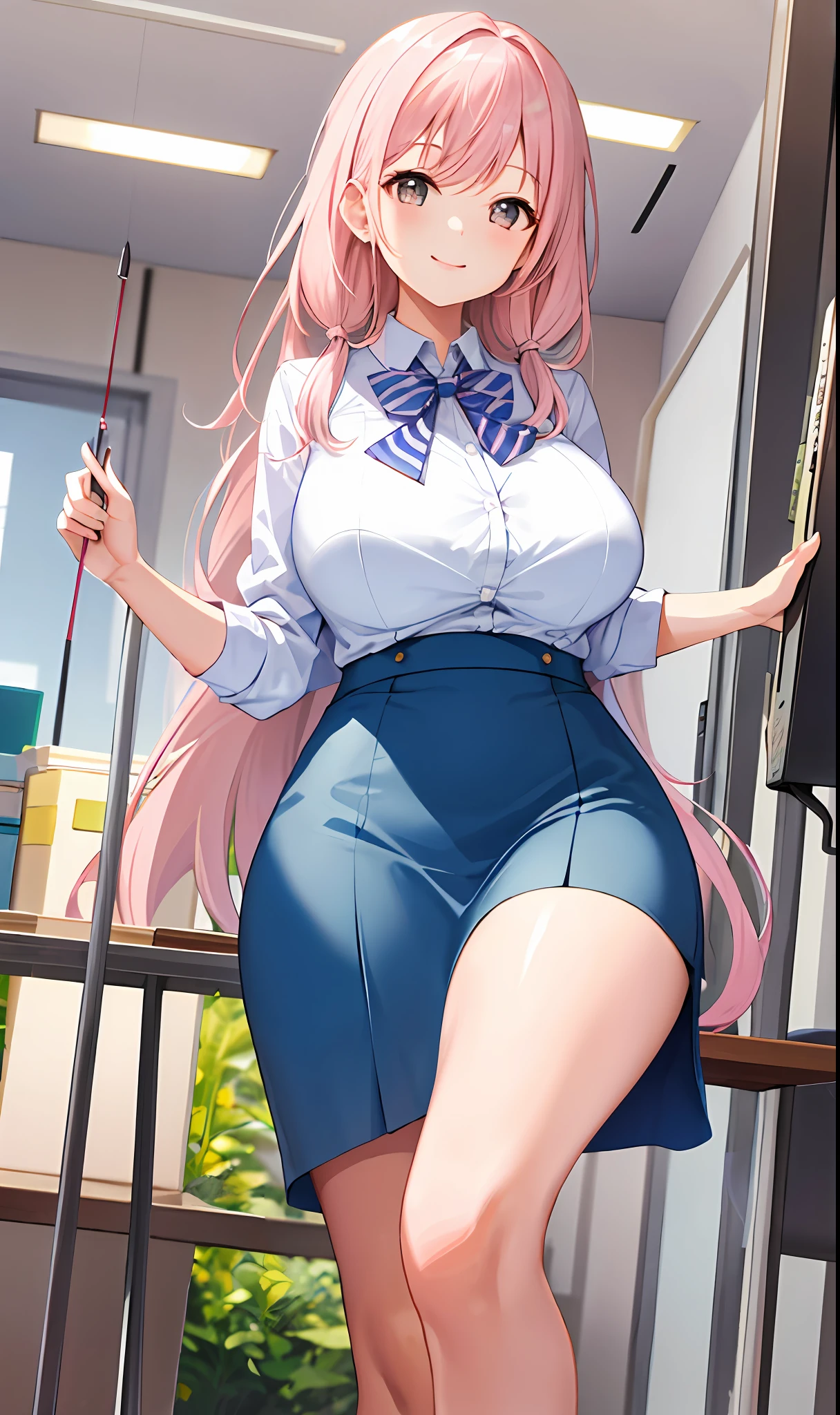 ((masterpiece, best)),(1girl),((mature woman)), light pink hair, dizzy, trumpet, ((office lady)), bangs, mid-chest, (full), slim, smiling, [wide hips] ,office,standing, aru \(blue archive\),